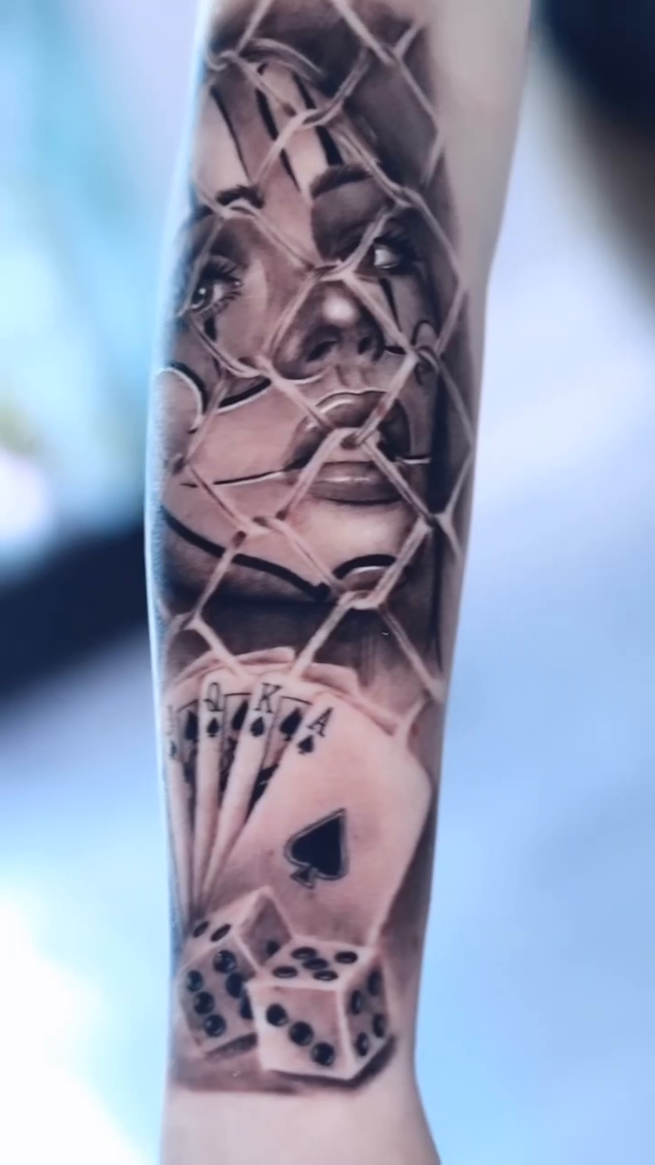 Woman, dice, playing cards realism tattoo by Jose Alvaradođź’‰