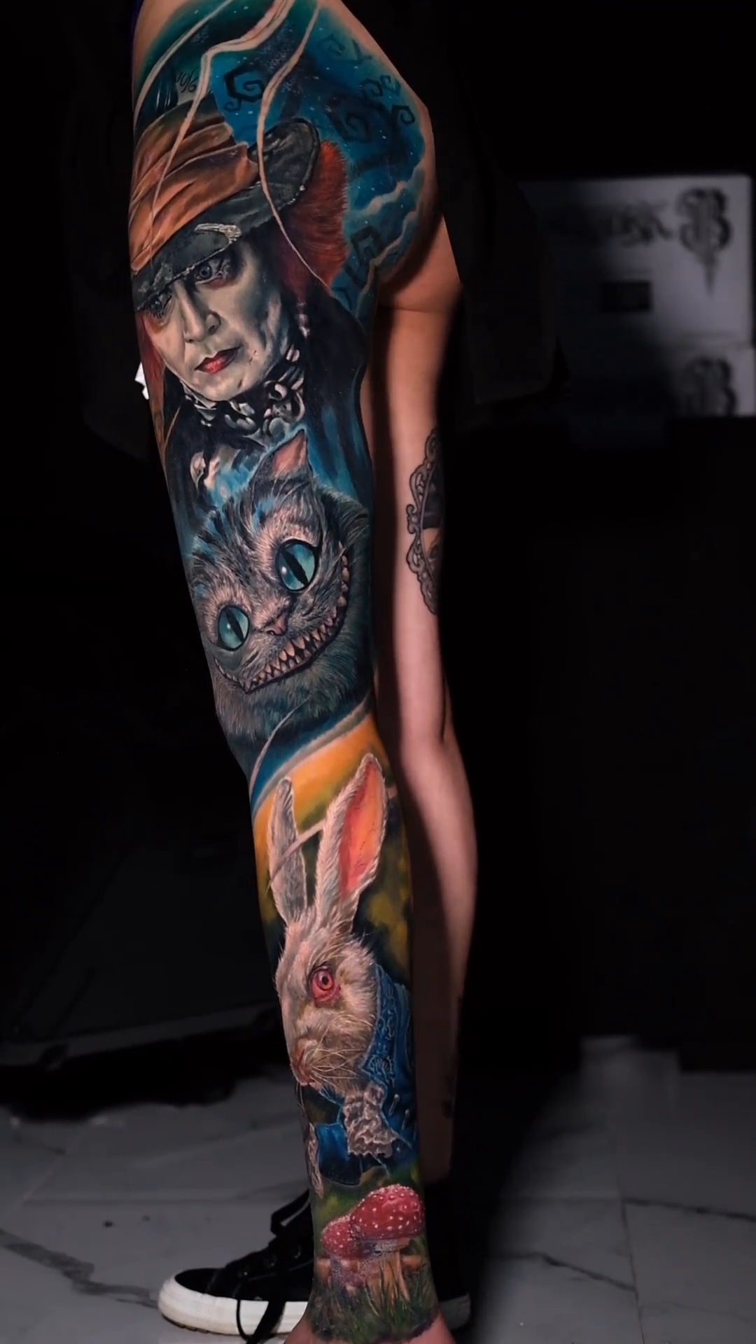 Alice in Wonderland characters realism tattoo by Guillermo Columbie, Houston, Texas