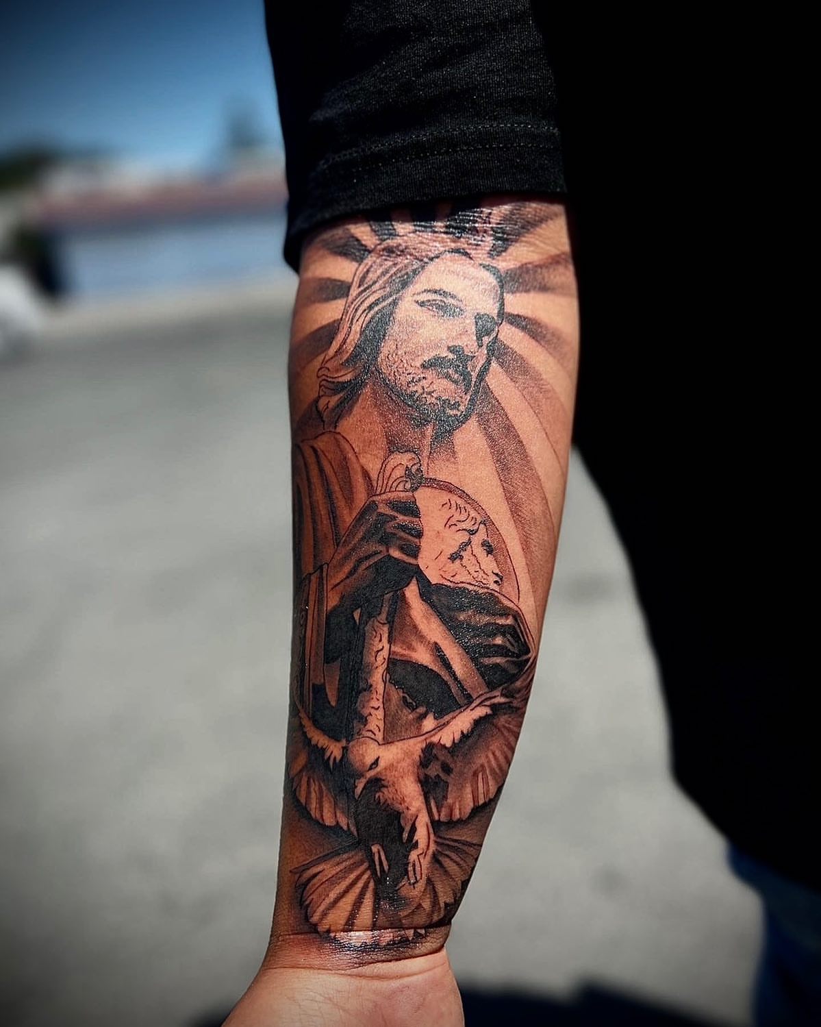 Religious figure black and grey tattoo on the forearm by Immortal BAYAREA TATTOO ARTIST
