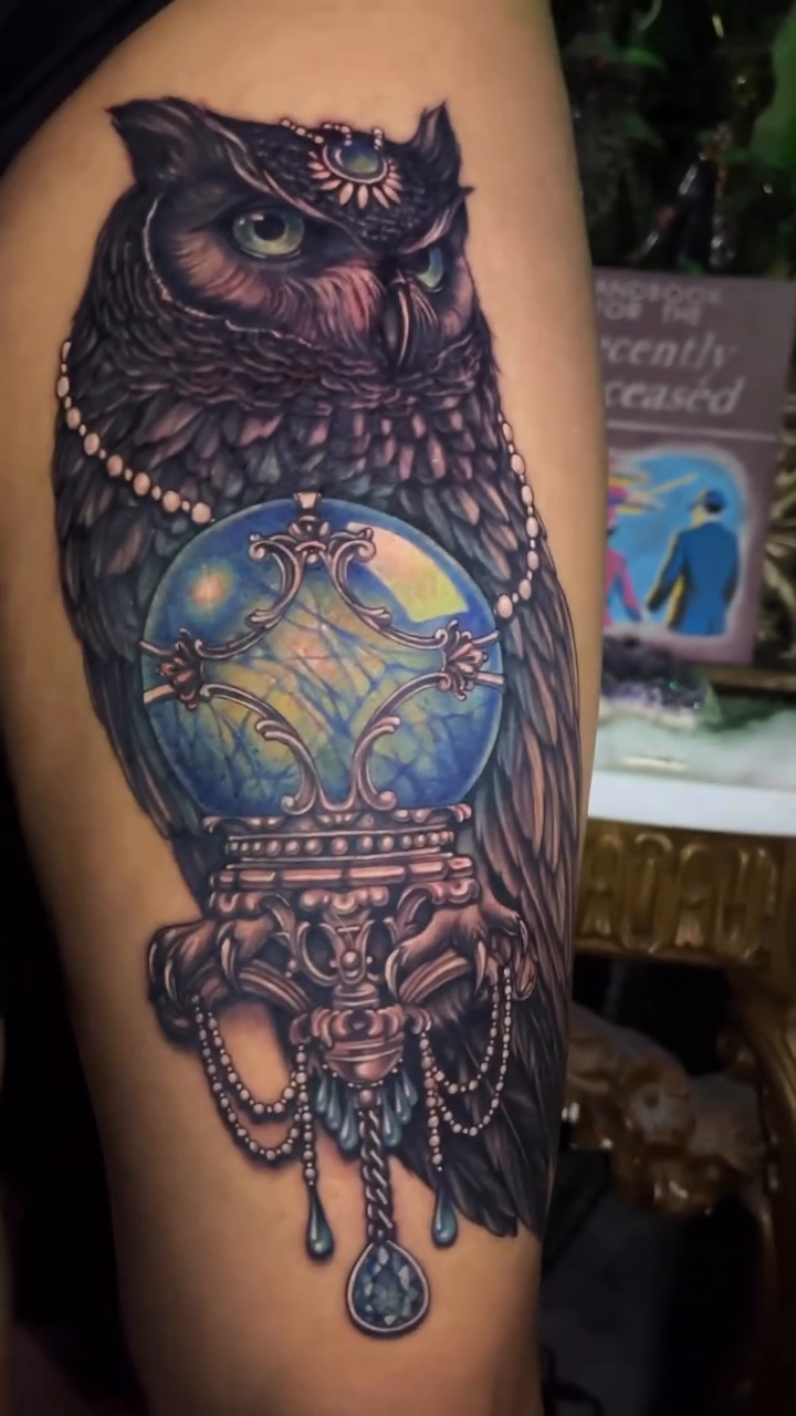 Owl with crystal ball realism tattoo by Nikki Simpson
