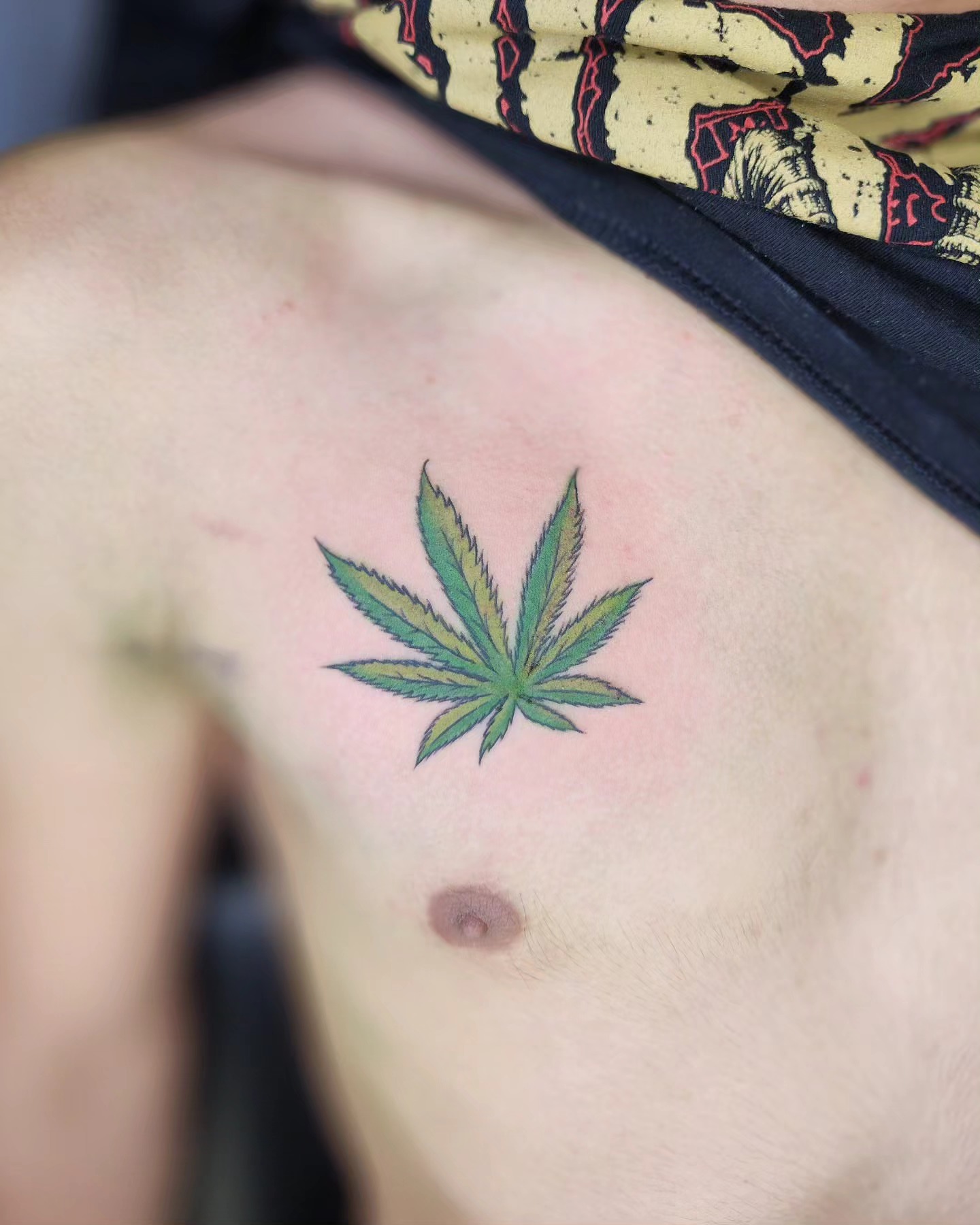 Marijuana leaf realism tattoo on the chest by Bry True