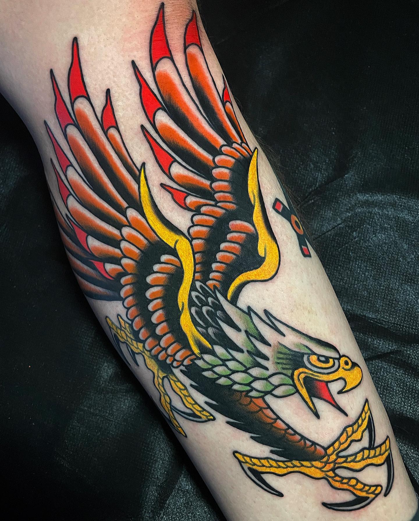 Eagle American traditional tattoo on the forearm by Frank Mostek