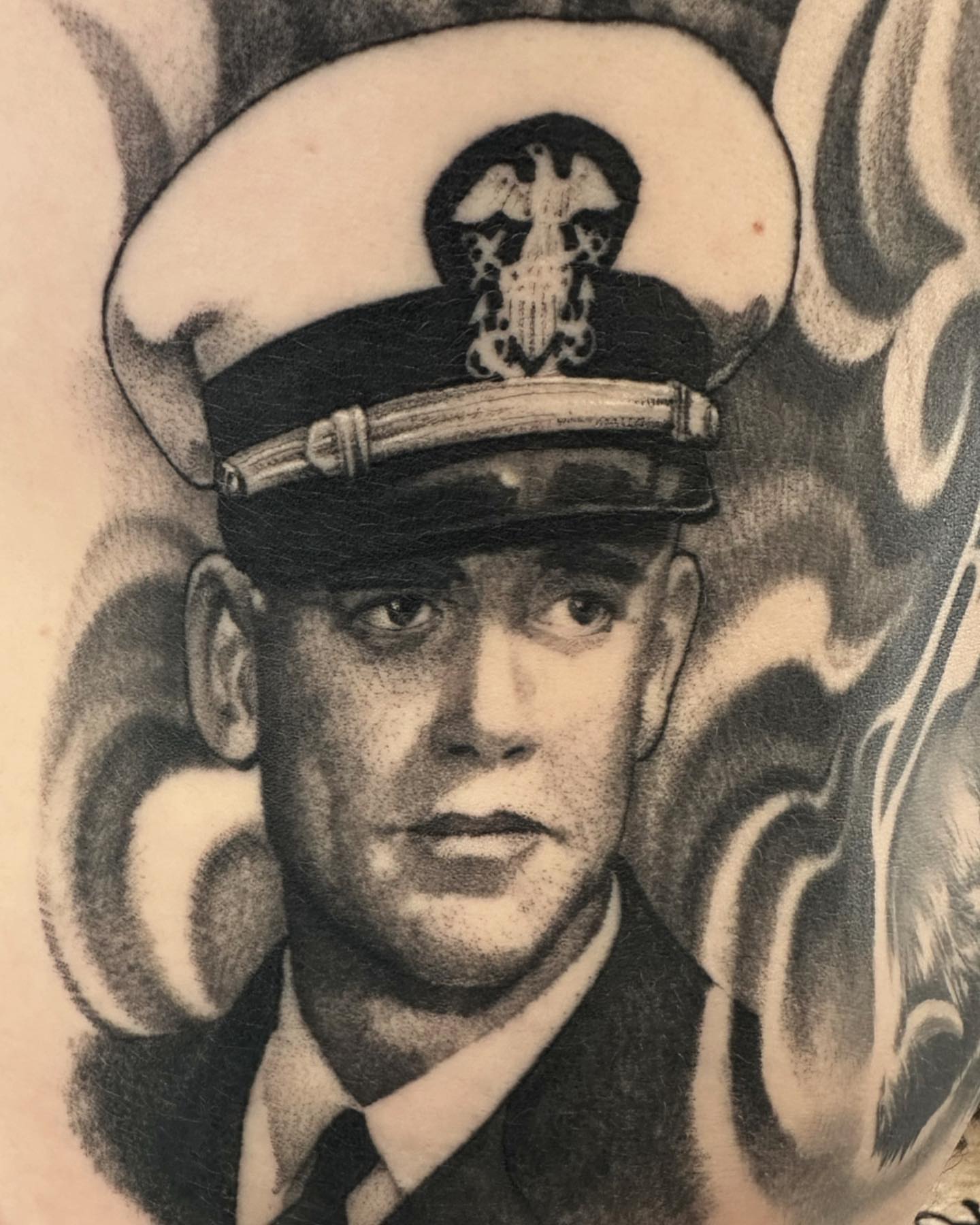 Navy officer black and grey tattoo on the head by Justin Hendrick