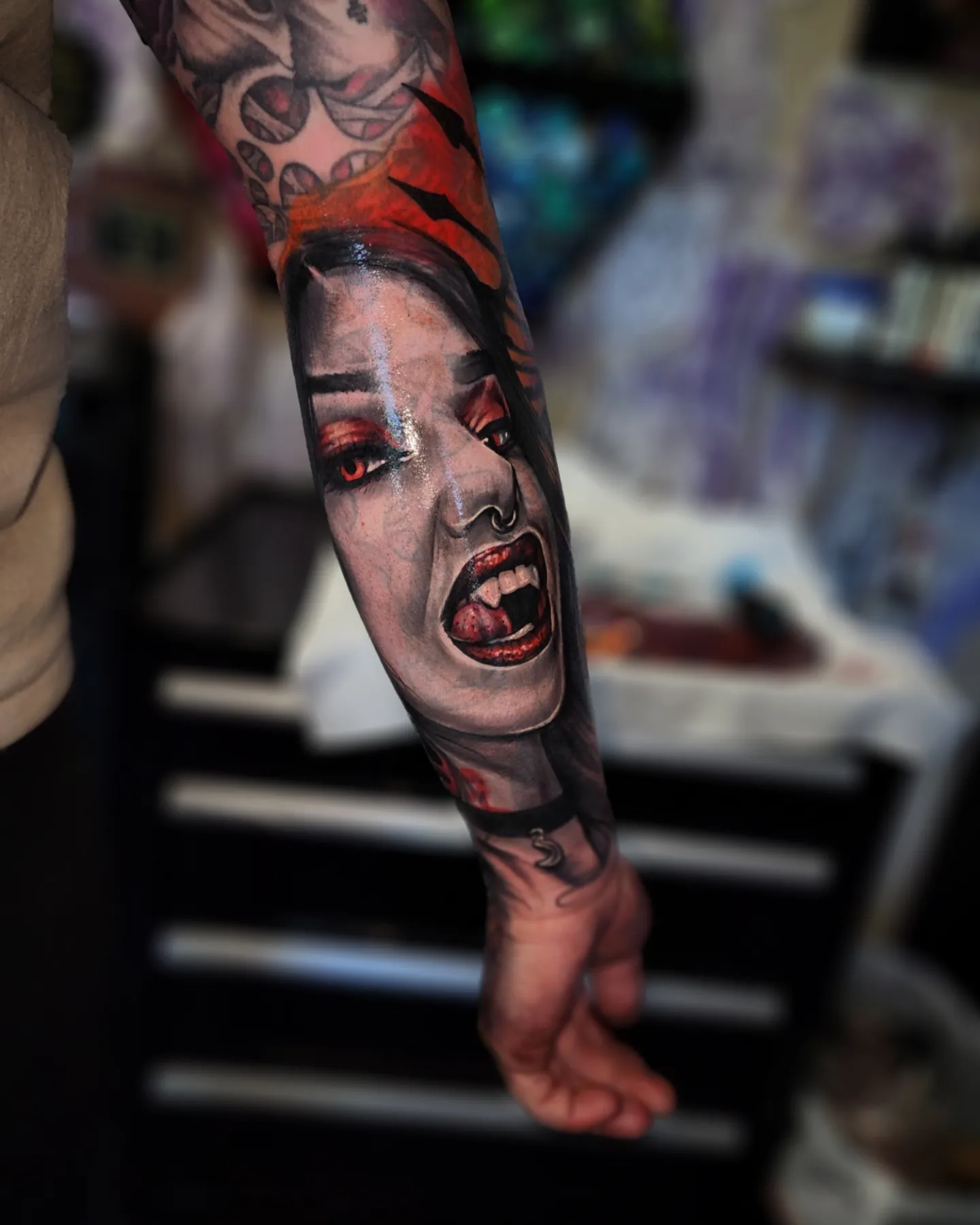 Angry woman realism tattoo on the forearm by Drew Siciliano, Glendale, Arizona