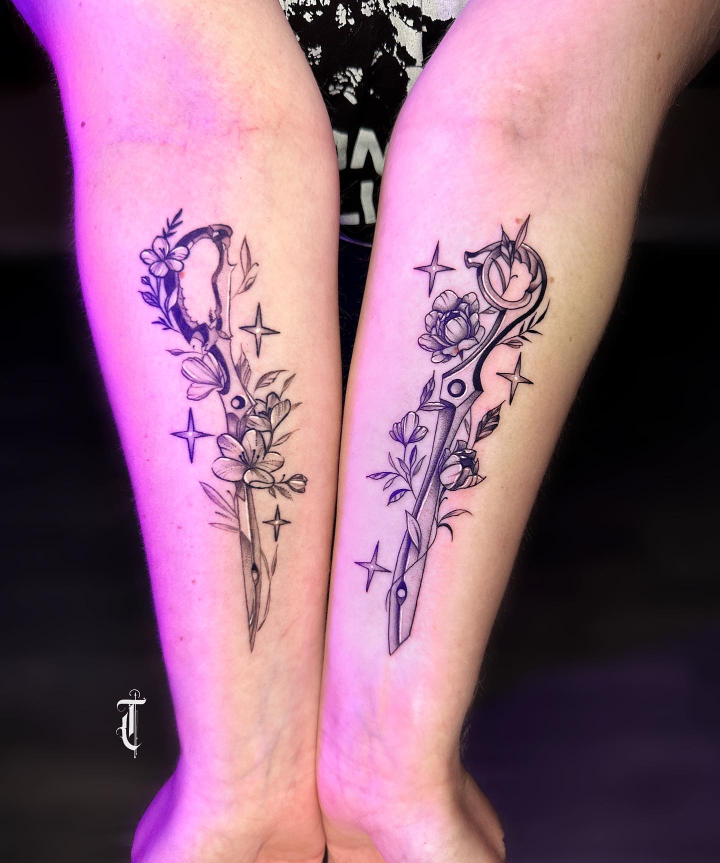 Scissors and flowers black and grey tattoo on the calf by Tattoos in Federal Way, WA🖤