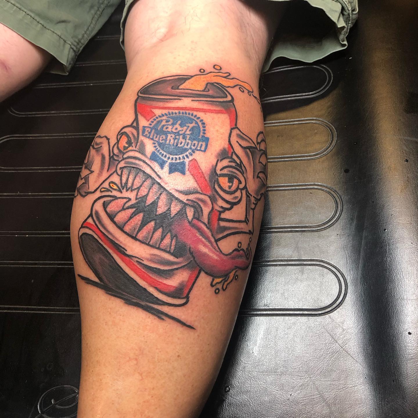 Pabst Blue Ribbon can American traditional tattoo on the thigh by A.W.