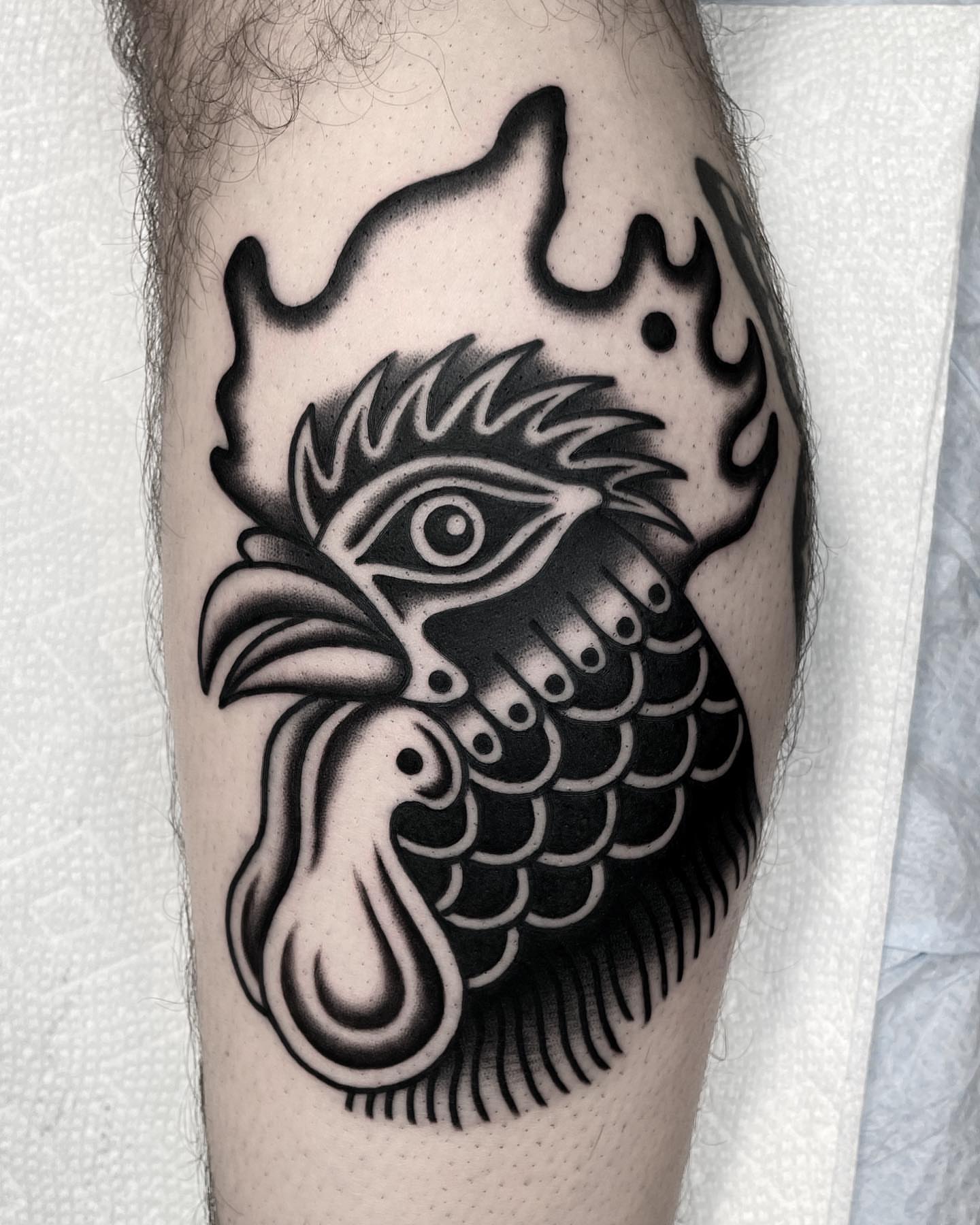 Rooster black and grey tattoo on the forearm by Jenn ★ Reid