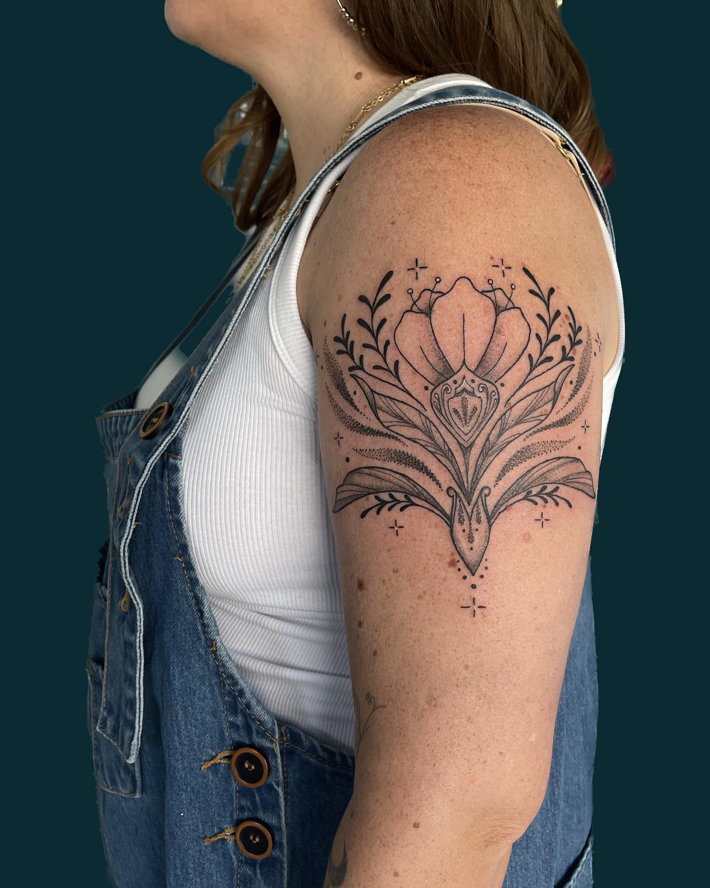 Floral dotwork tattoo on the shoulder by ✤ Ornamental Tattoo Artist ✤