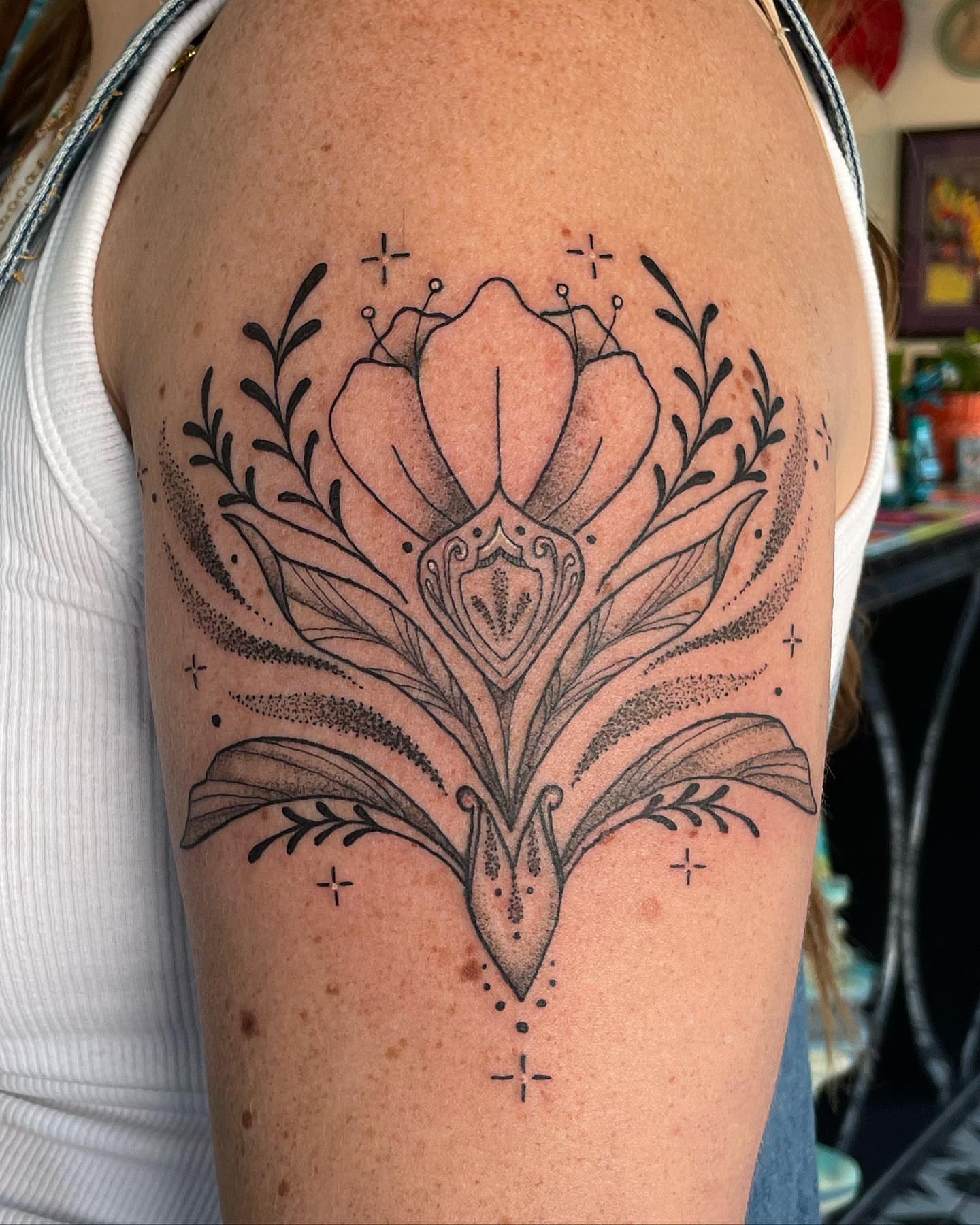 Floral arrangement dotwork tattoo on the upper arm by ✤ Ornamental Tattoo Artist ✤