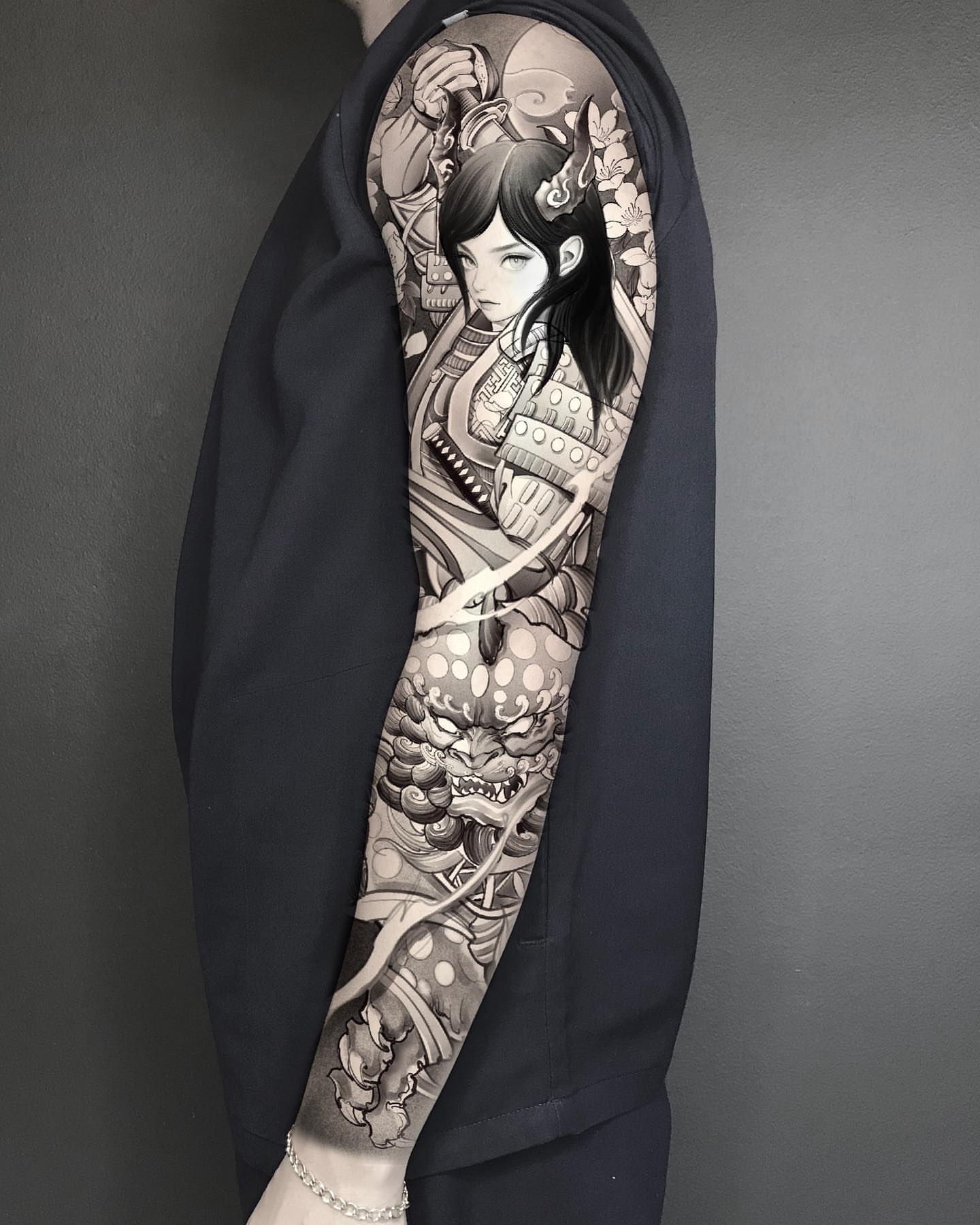 Samurai warrior dotwork tattoo on the forearm by Shihao zhao