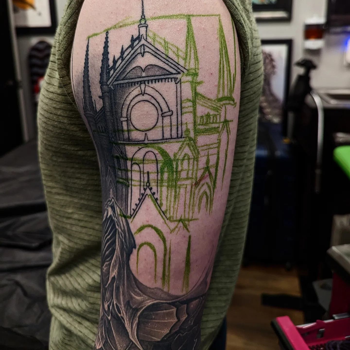 Gothic cathedral realism tattoo on the forearm by Matt Driscoll