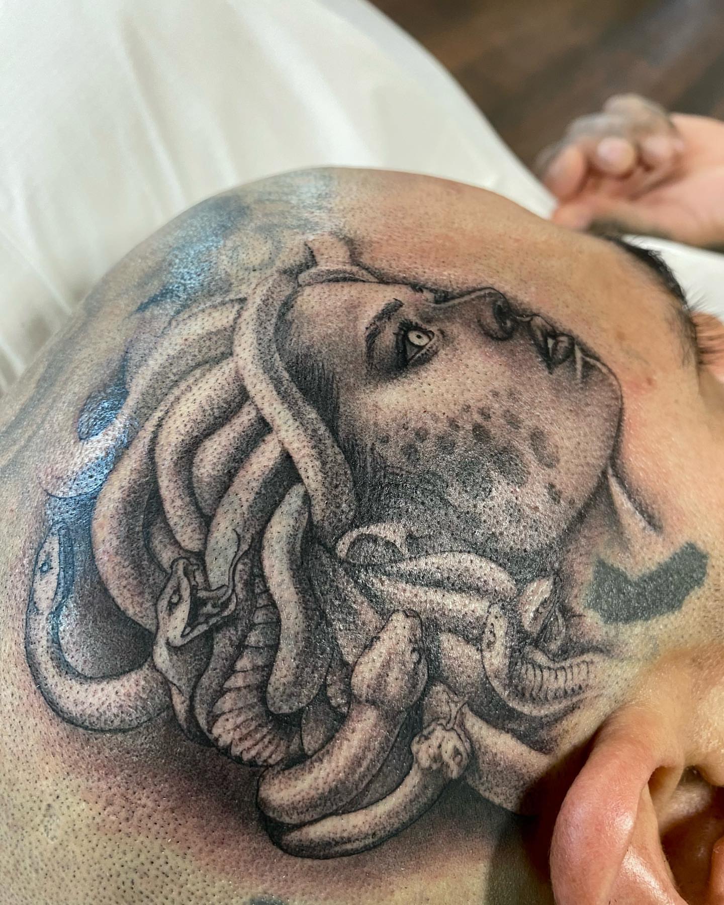 Medusa realism tattoo on the shoulder by D Benzo ~ San Diego Tattoo artist ~