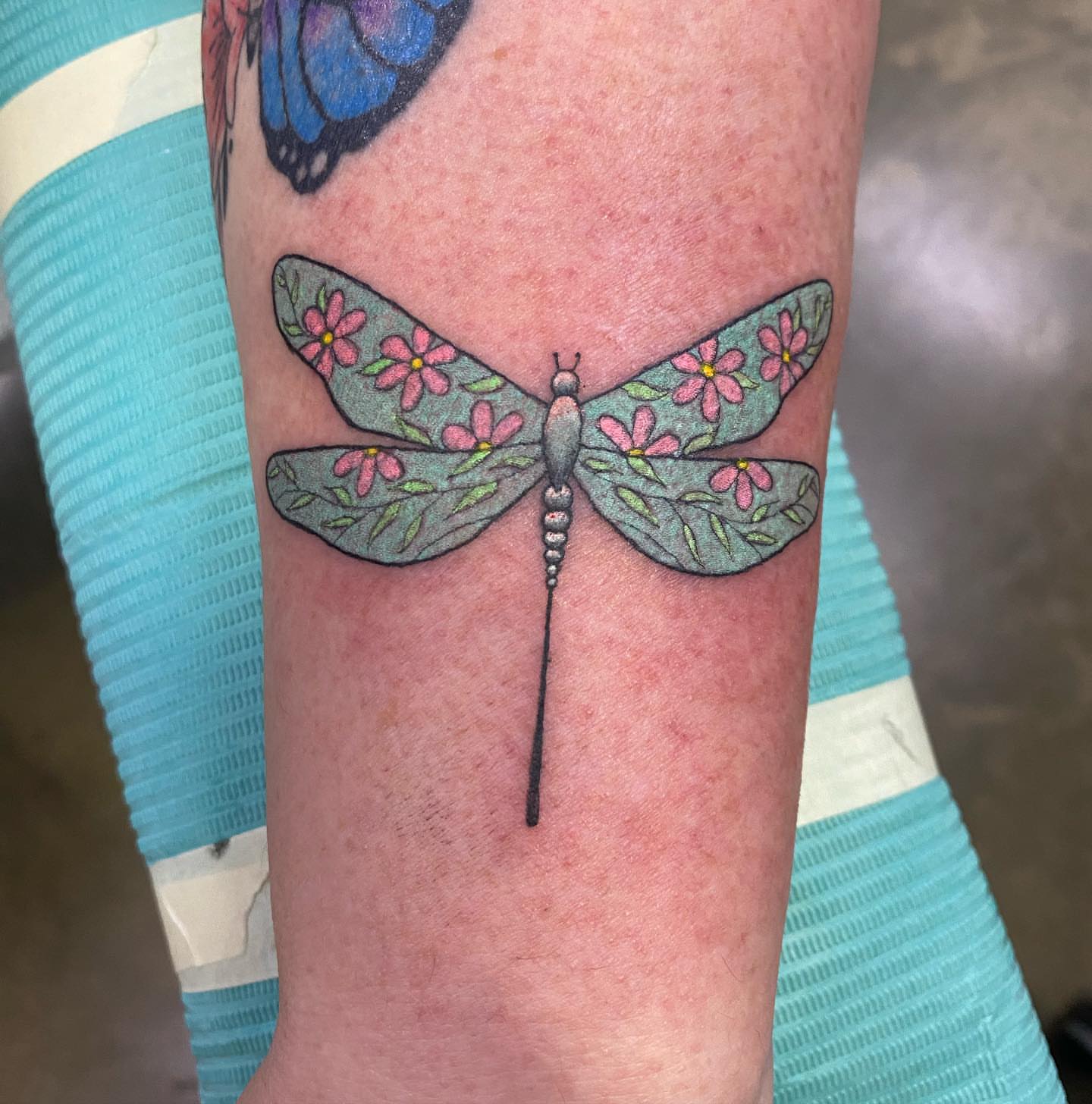 Dragonfly dotwork tattoo on the forearm by Maddy ⁂, Murfreesboro, Tennessee