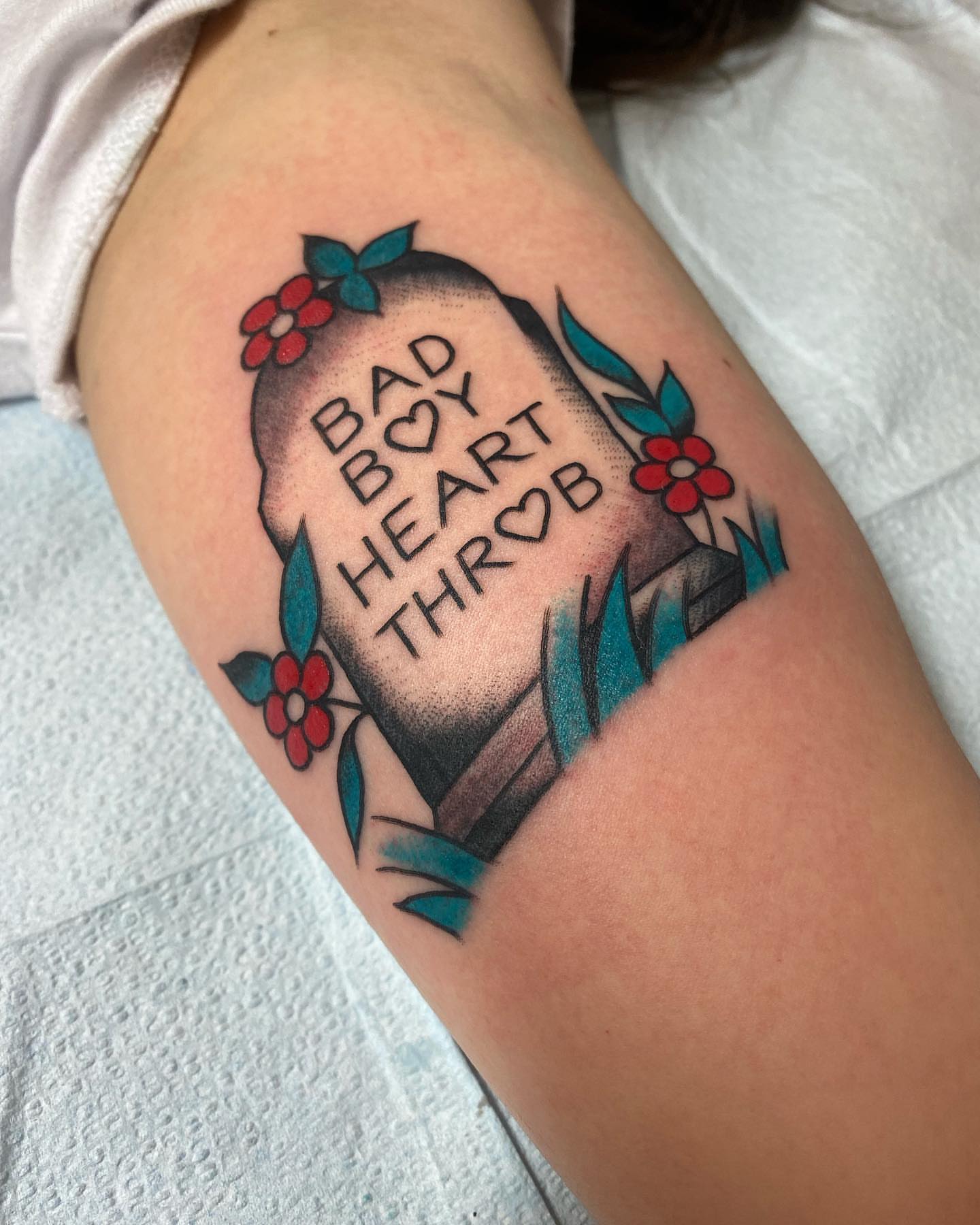 Grave stone American traditional tattoo on the forearm by Alan Pham, San Jose, California