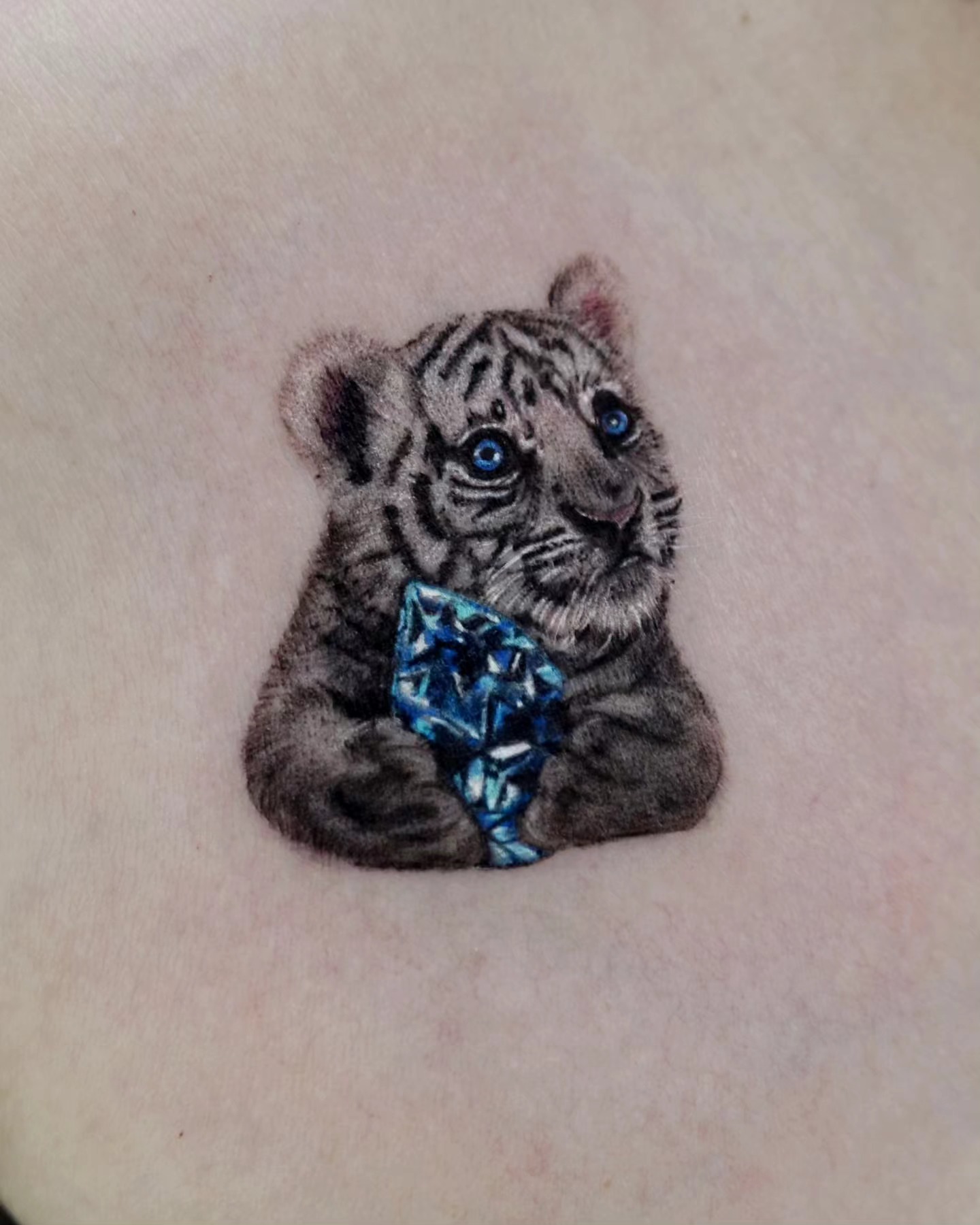 Baby tiger with diamond realism tattoo on the forearm by Greeni