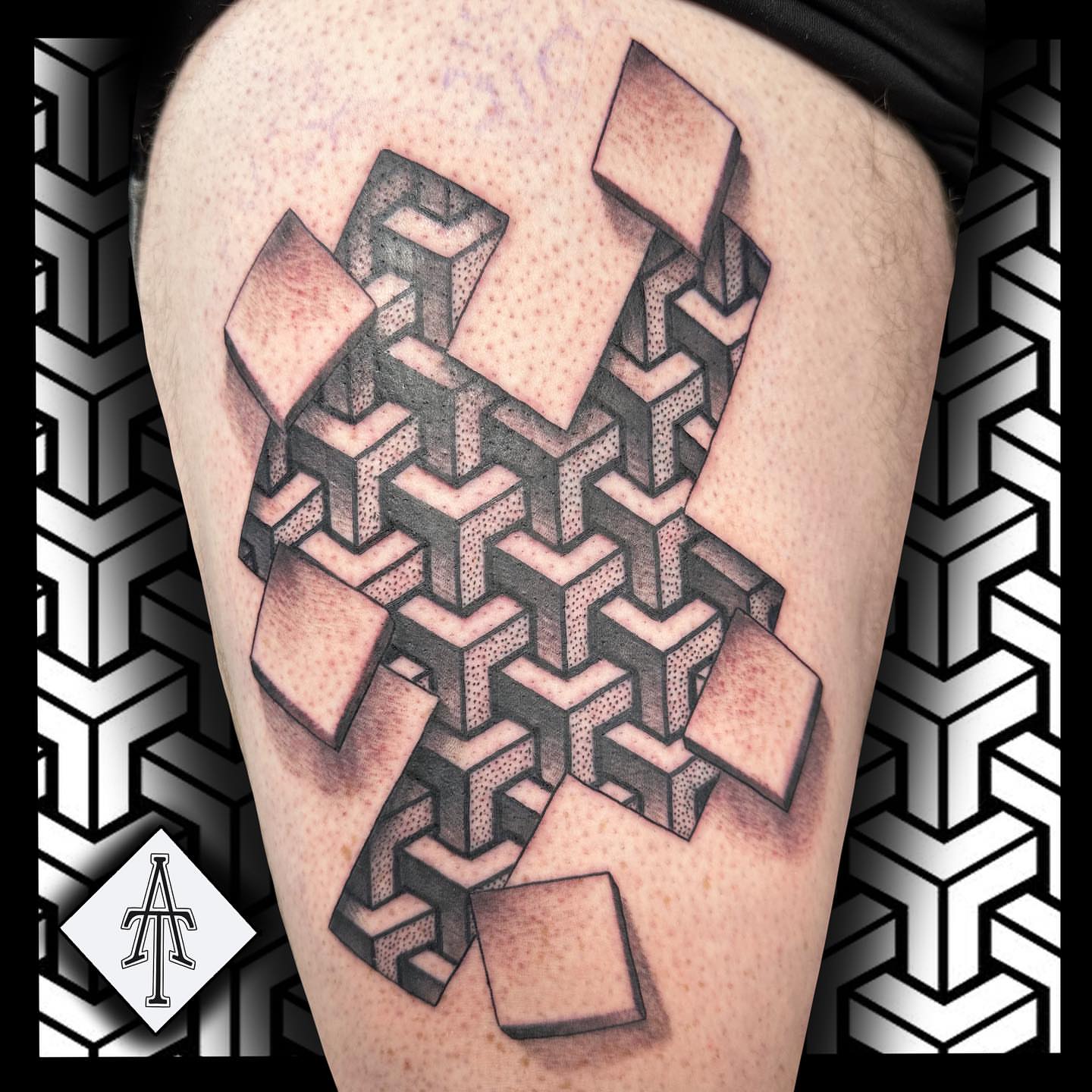 Geometric pattern geometric tattoo on the thigh by Chris Dobransky