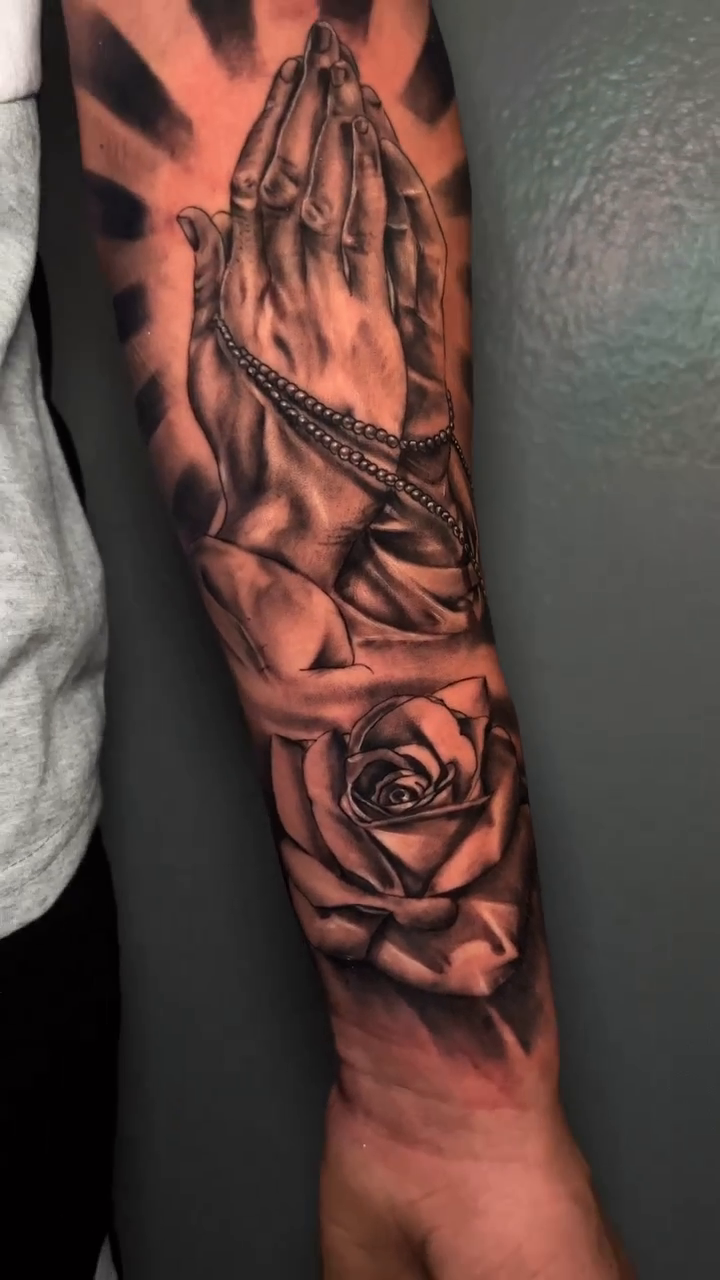 Praying hands and rose realism tattoo by J O S S I e L P I N e D A