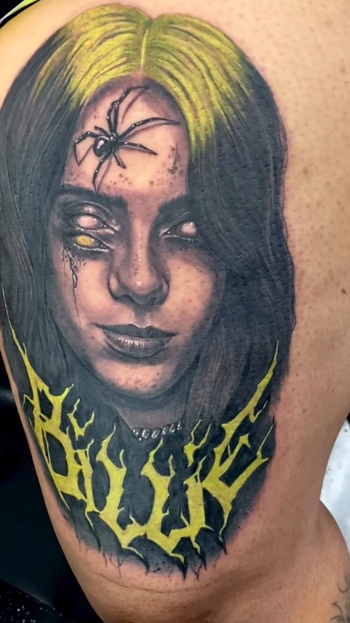 Billie Eilish portrait with spiders realism tattoo by Caitlyn Campbell