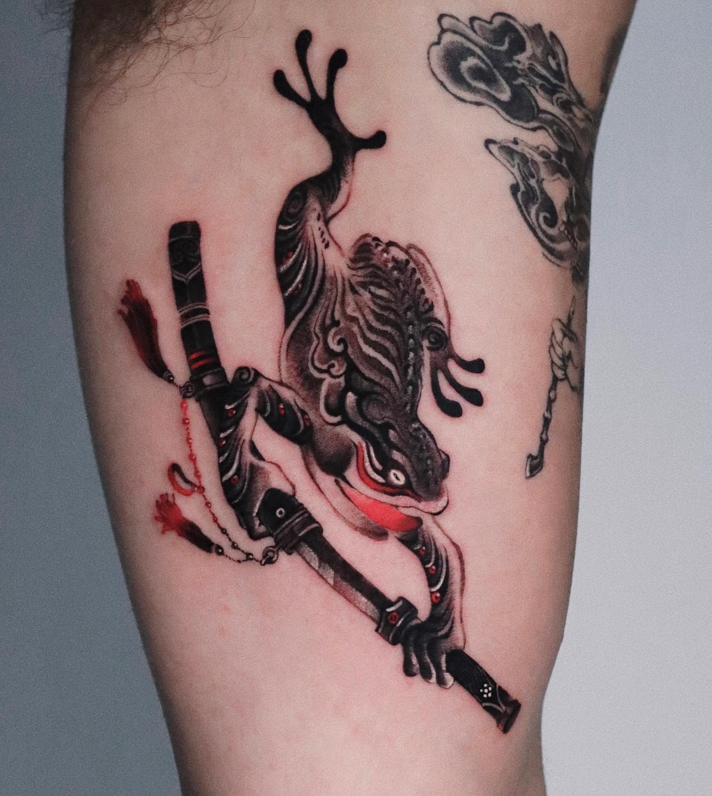 Horse and sword japanese irezumi tattoo on the forearm by 𝐆𝐑𝐄𝐄𝐃
