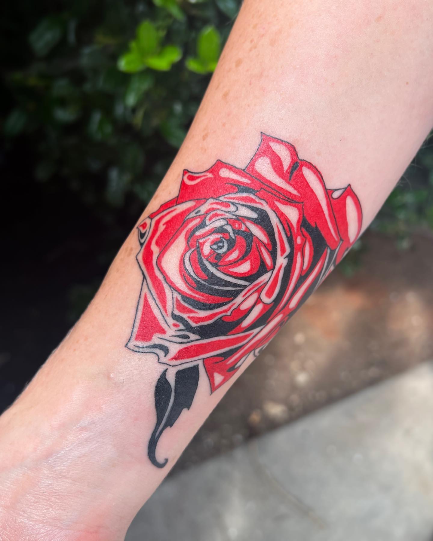 Red rose realism tattoo on the forearm by 👽 Kat 👽, San Francisco, California