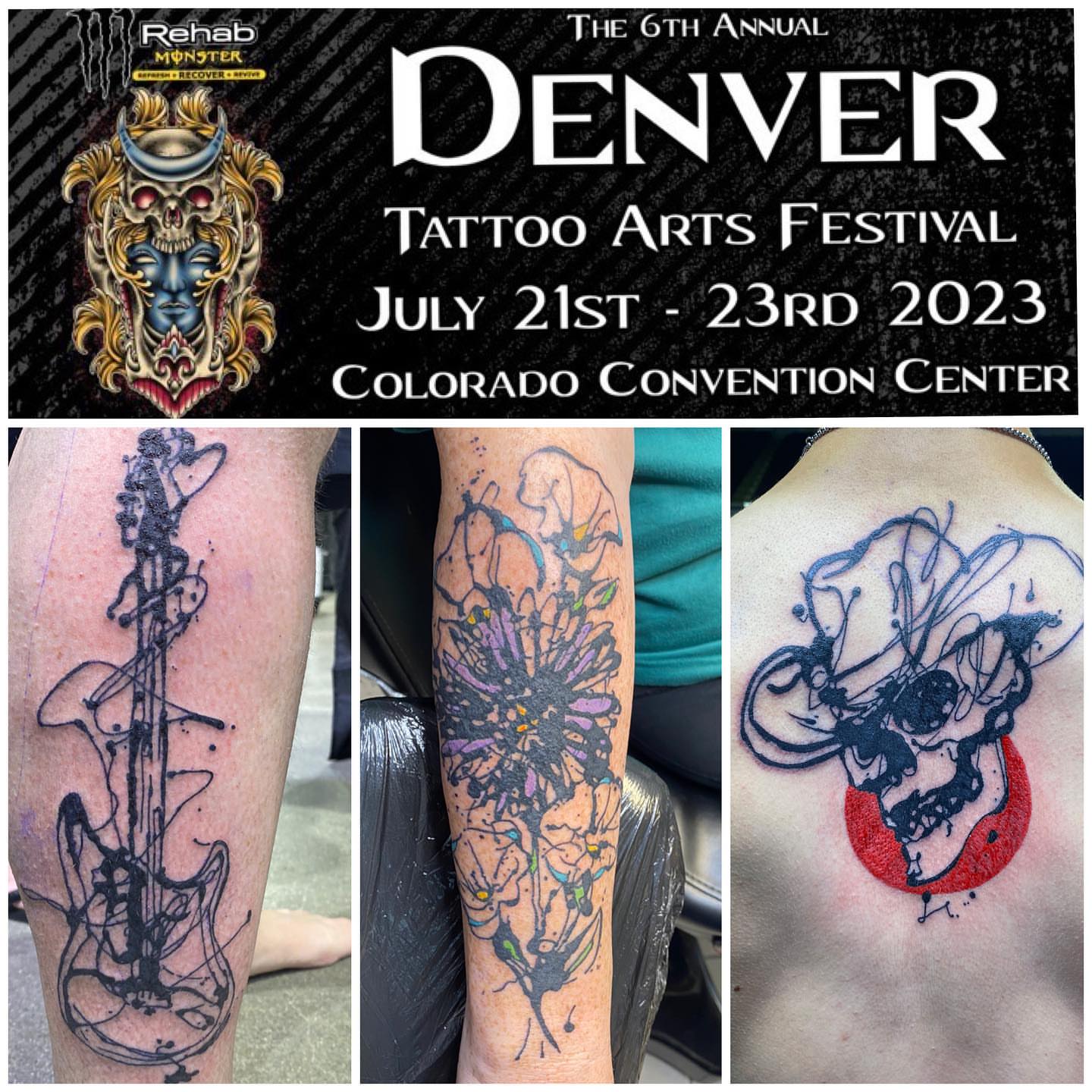 Guitar black and grey tattoo on the upper arm by Keith Cromie