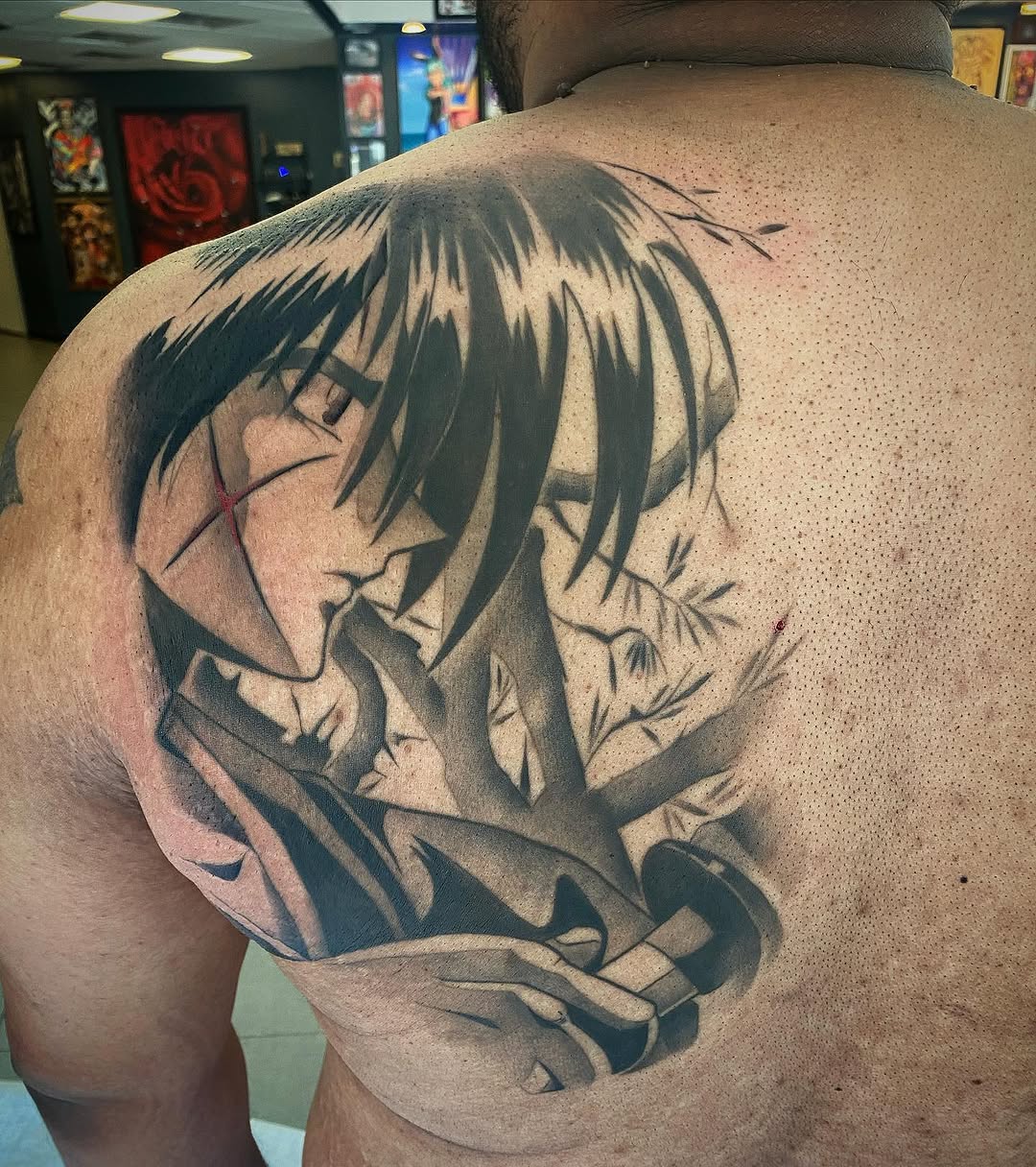Kenshin Himura anime tattoo on the back by Cody Wolfe