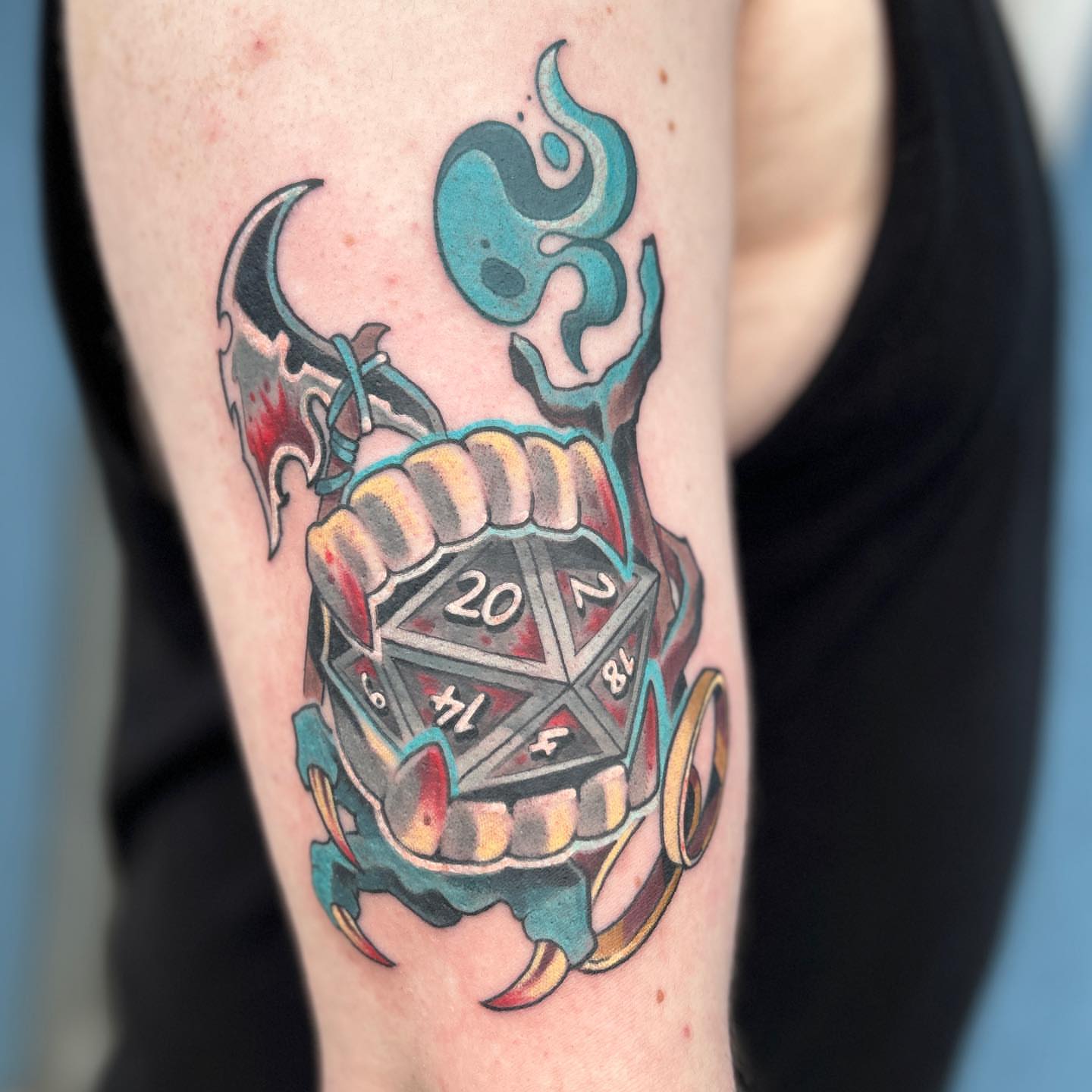 D20 dice American traditional tattoo on the forearm by Rat Girl, Dayton, Ohio