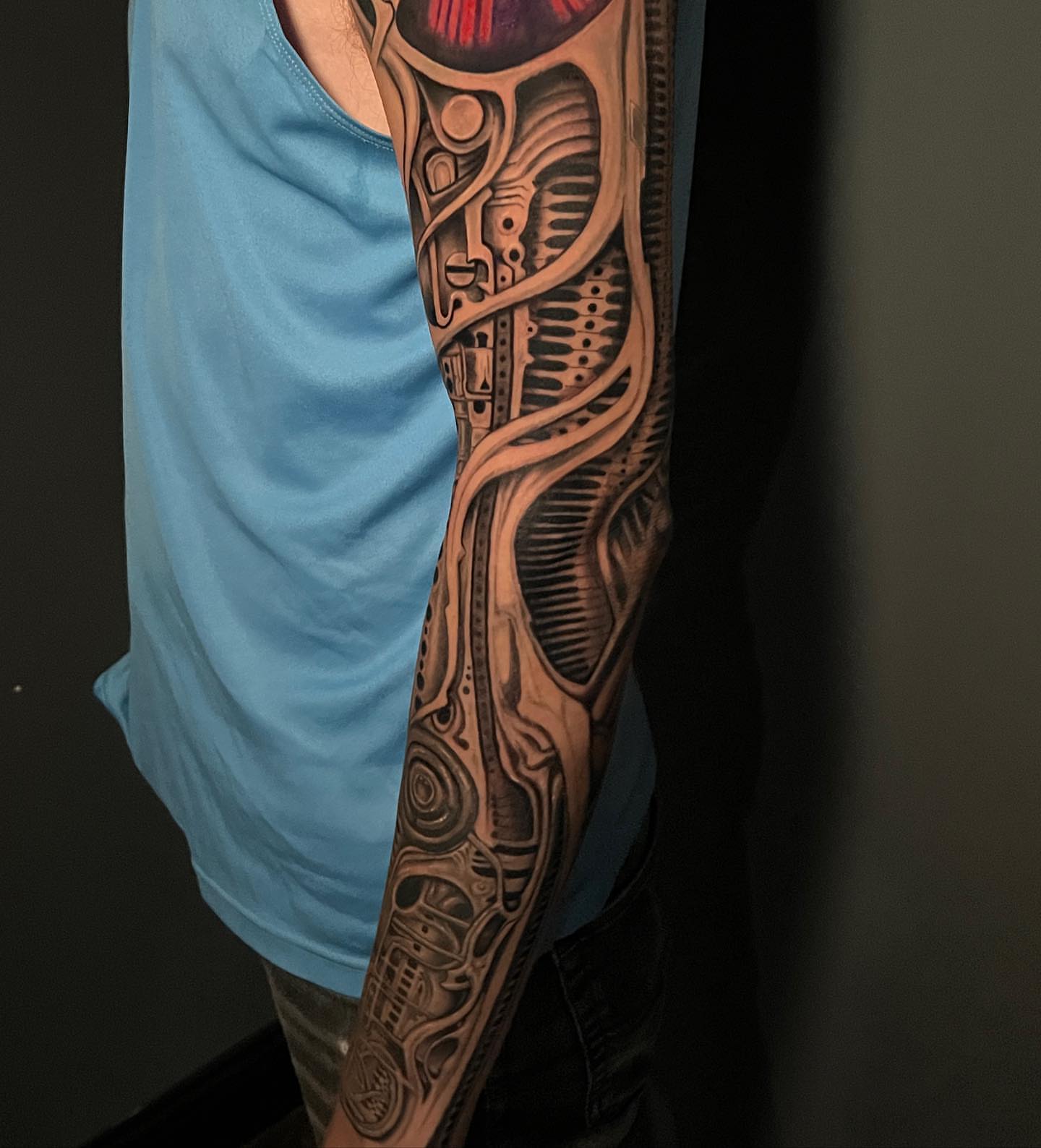 Cyborg biomechanics geometric tattoo on the forearm by Kayden DiGiovanni, Addison, Texas