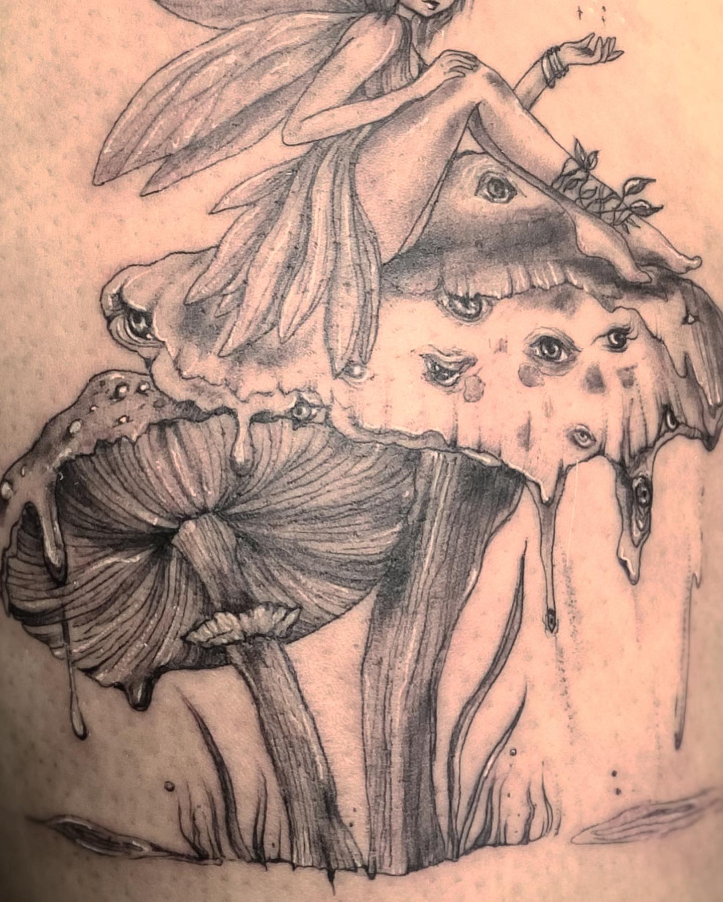 Fairy on mushroom surrealism tattoo on the back by Sela ✨Las Vegas Tattoo Artist