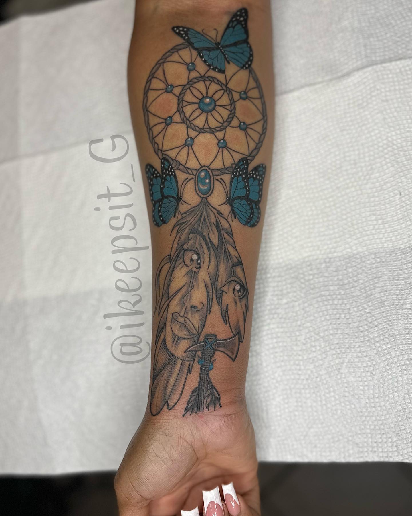 Dreamcatcher with butterflies dotwork tattoo on the forearm by Prolific🏁so Gifted