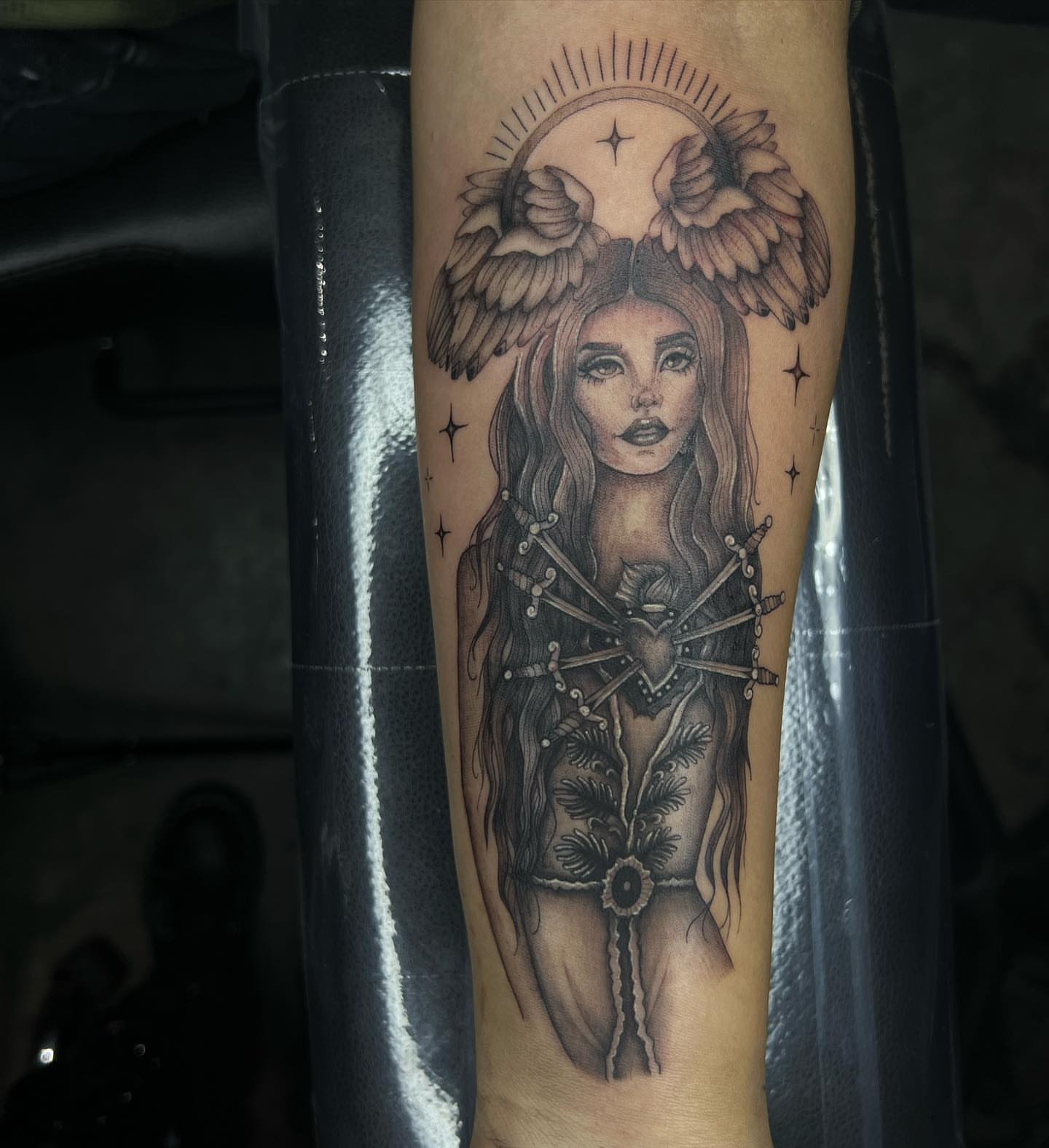 Angelic woman realism tattoo on the forearm by Desirae✨