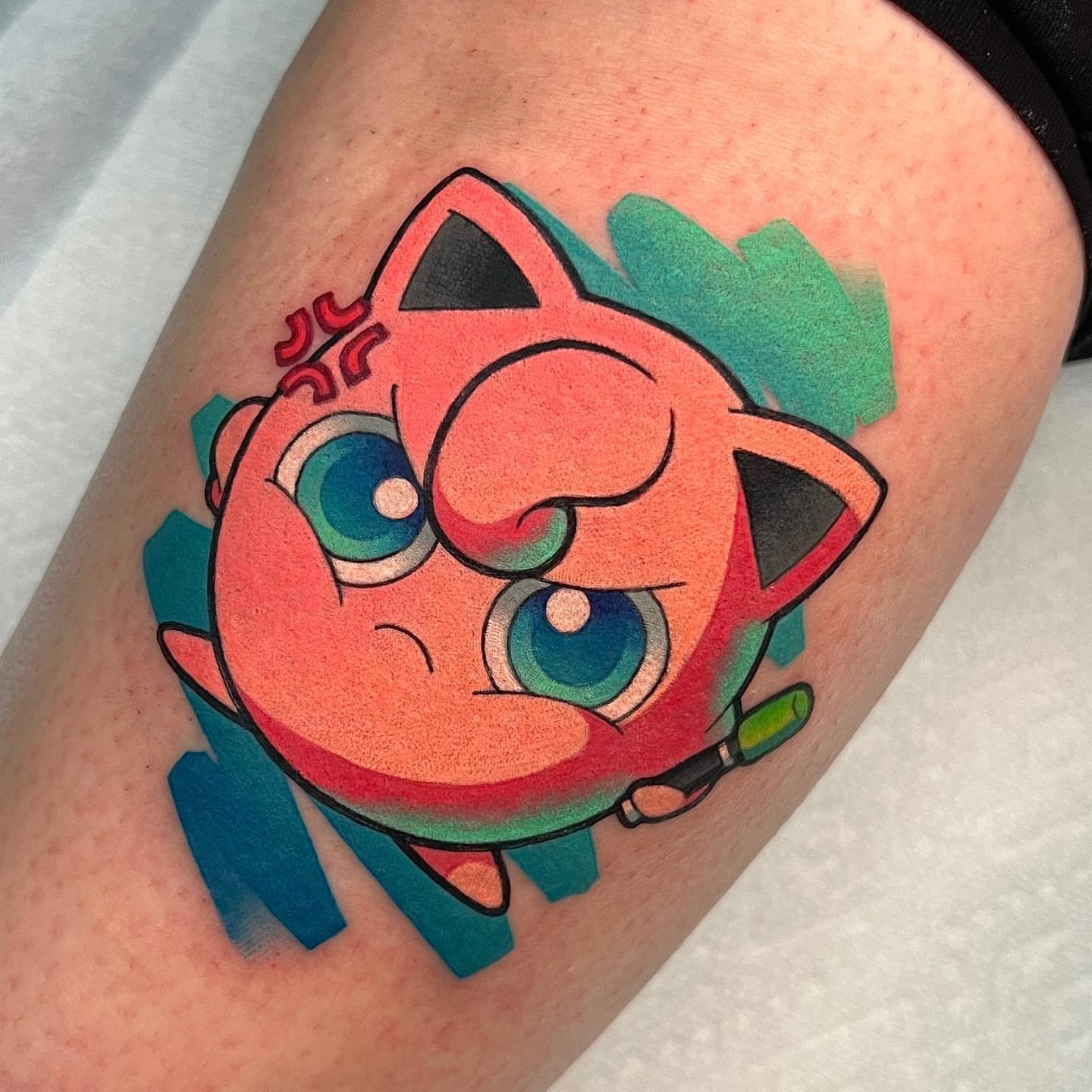 Jigglypuff new school tattoo on the thigh by Shelby Ouellette