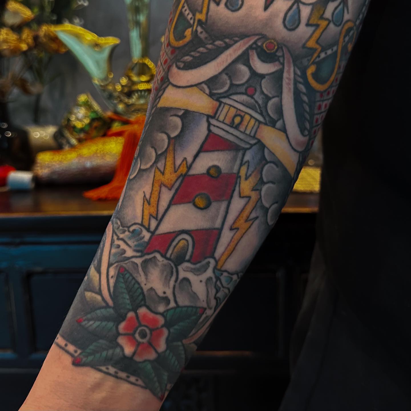 Lighthouse and skull American traditional tattoo on the forearm by ๐๐๐๐พ๐ - (่พ็ๅ
)