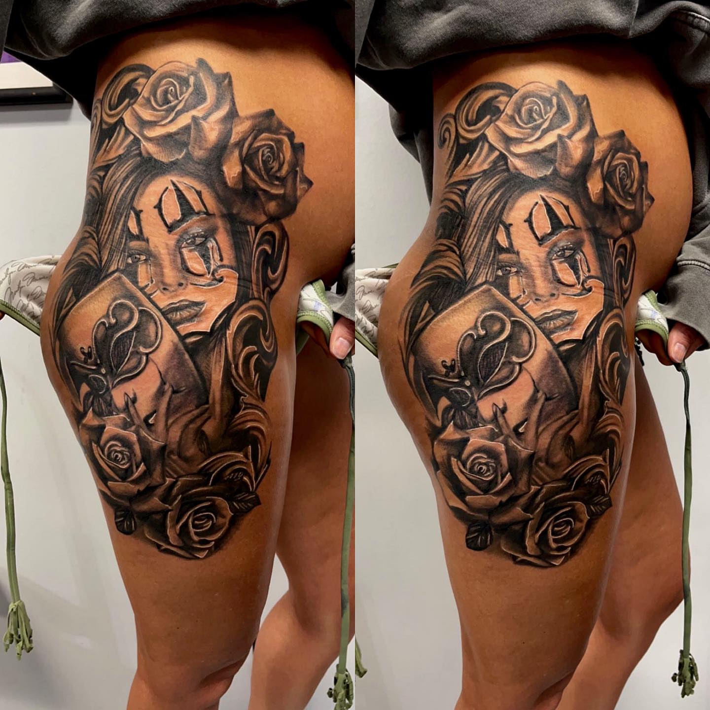 Woman with roses realism tattoo on the thigh by Tattoosbybeanz