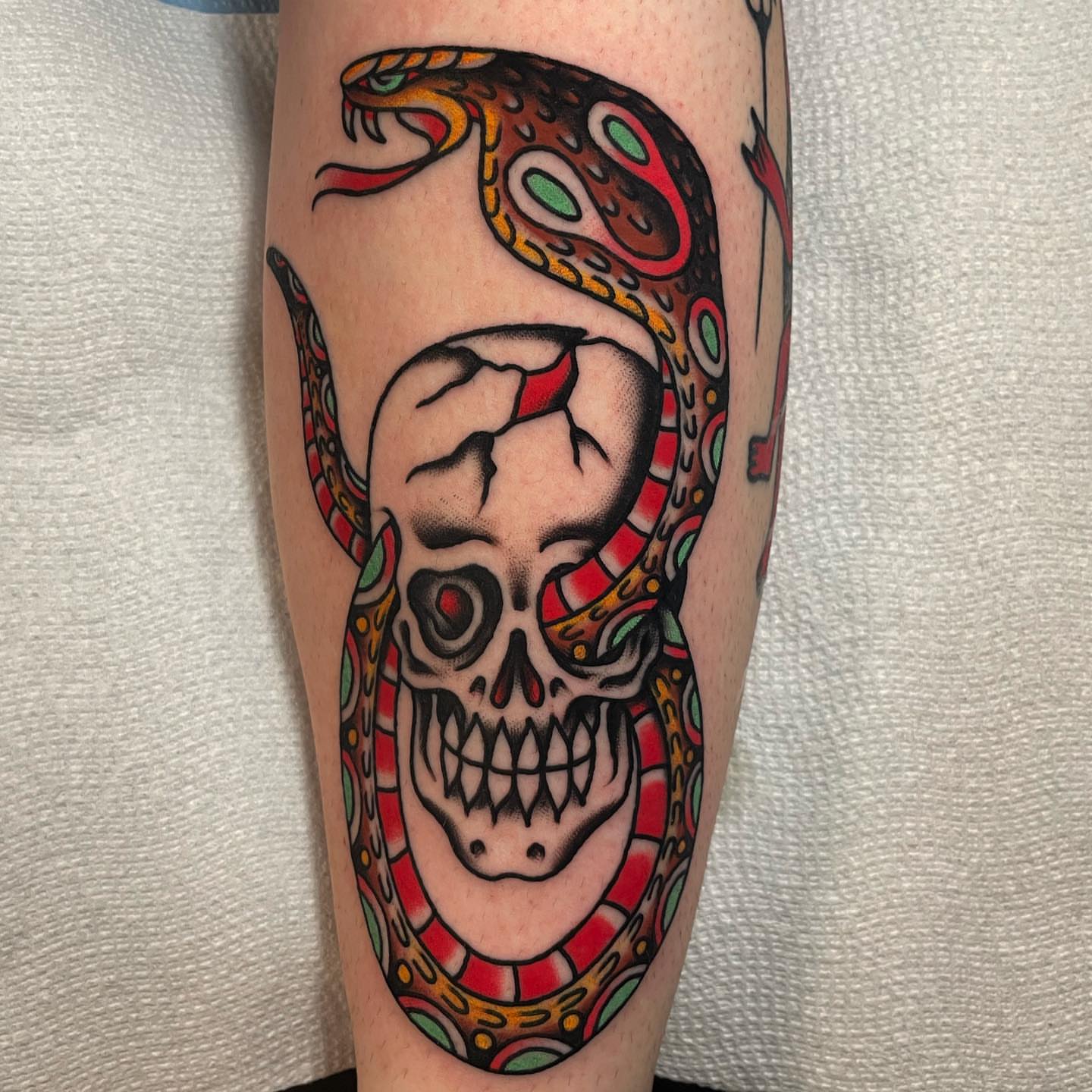 Snake and skull American traditional tattoo on the forearm by derrick b. π² Modern Traditional Tattoo