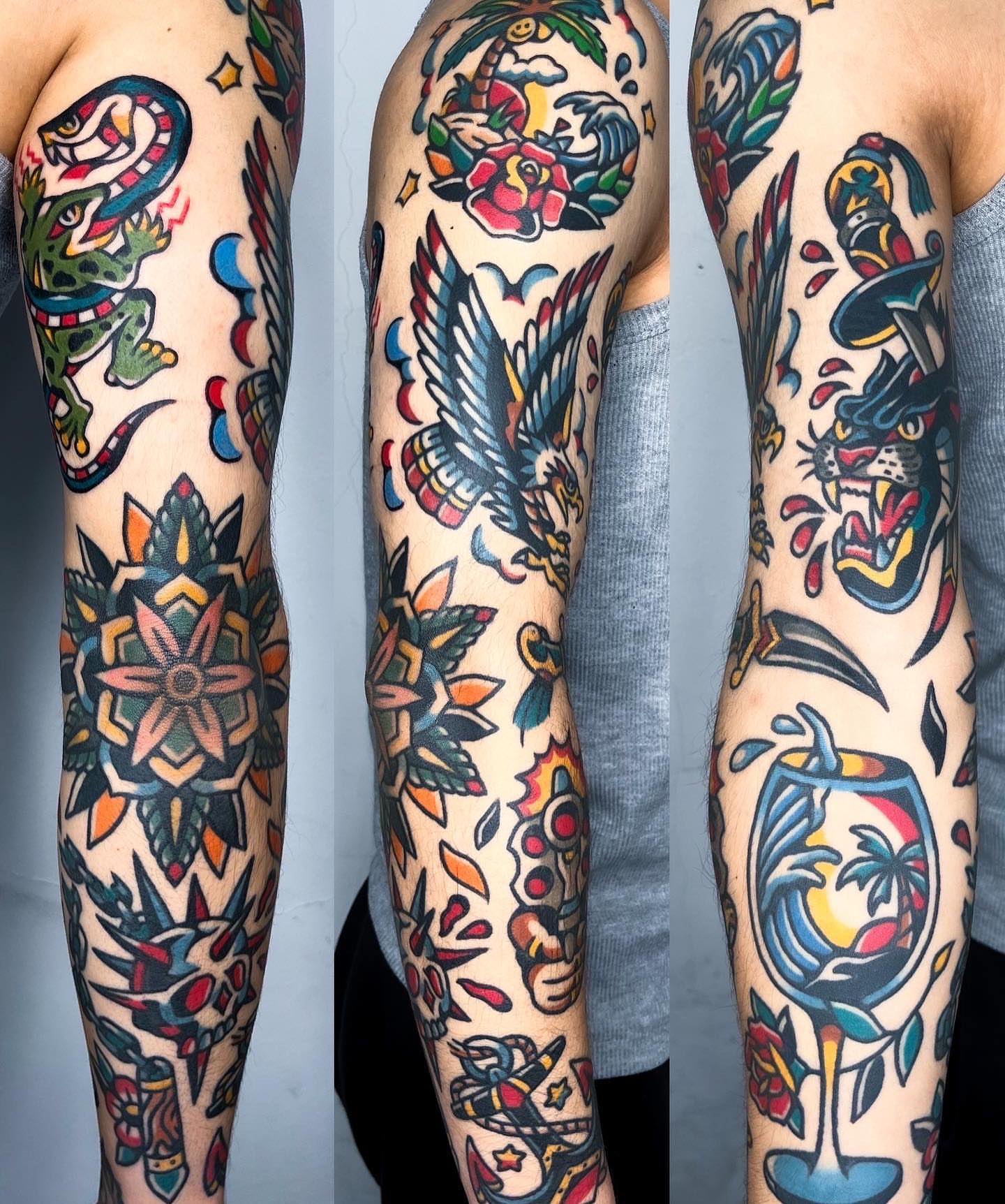 Tattoo sleeve American traditional tattoo on the forearm by Oldschool Tattooer Takii 타키