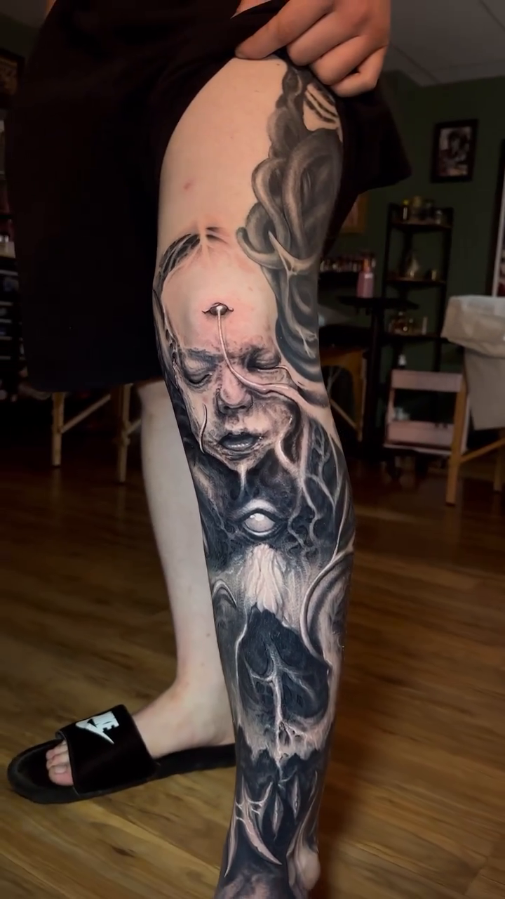 Tattoo by @aaronmtattoos — dark_realism, black_and_grey
