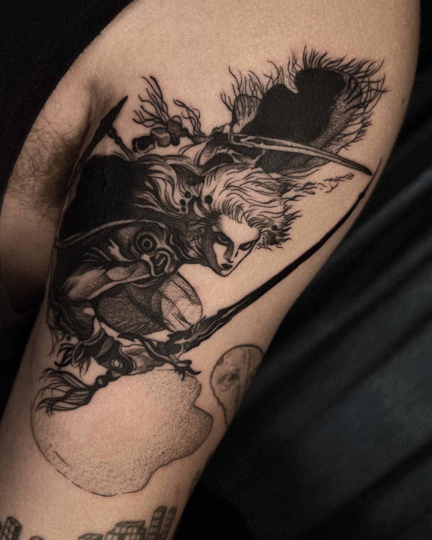 Orc warrior dotwork tattoo on the forearm by David Ha