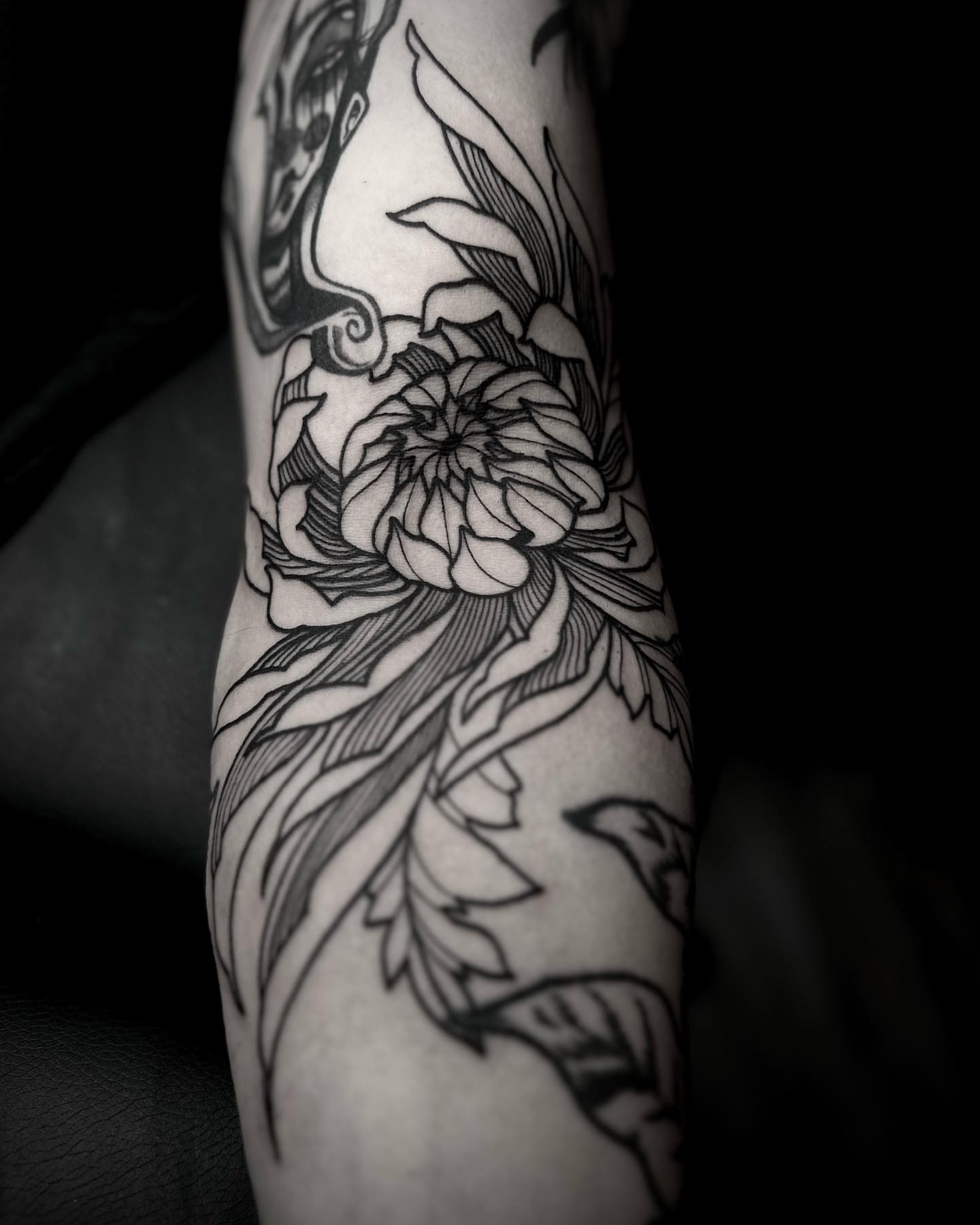 Peony flower black and grey tattoo on the forearm by t a y l o r
