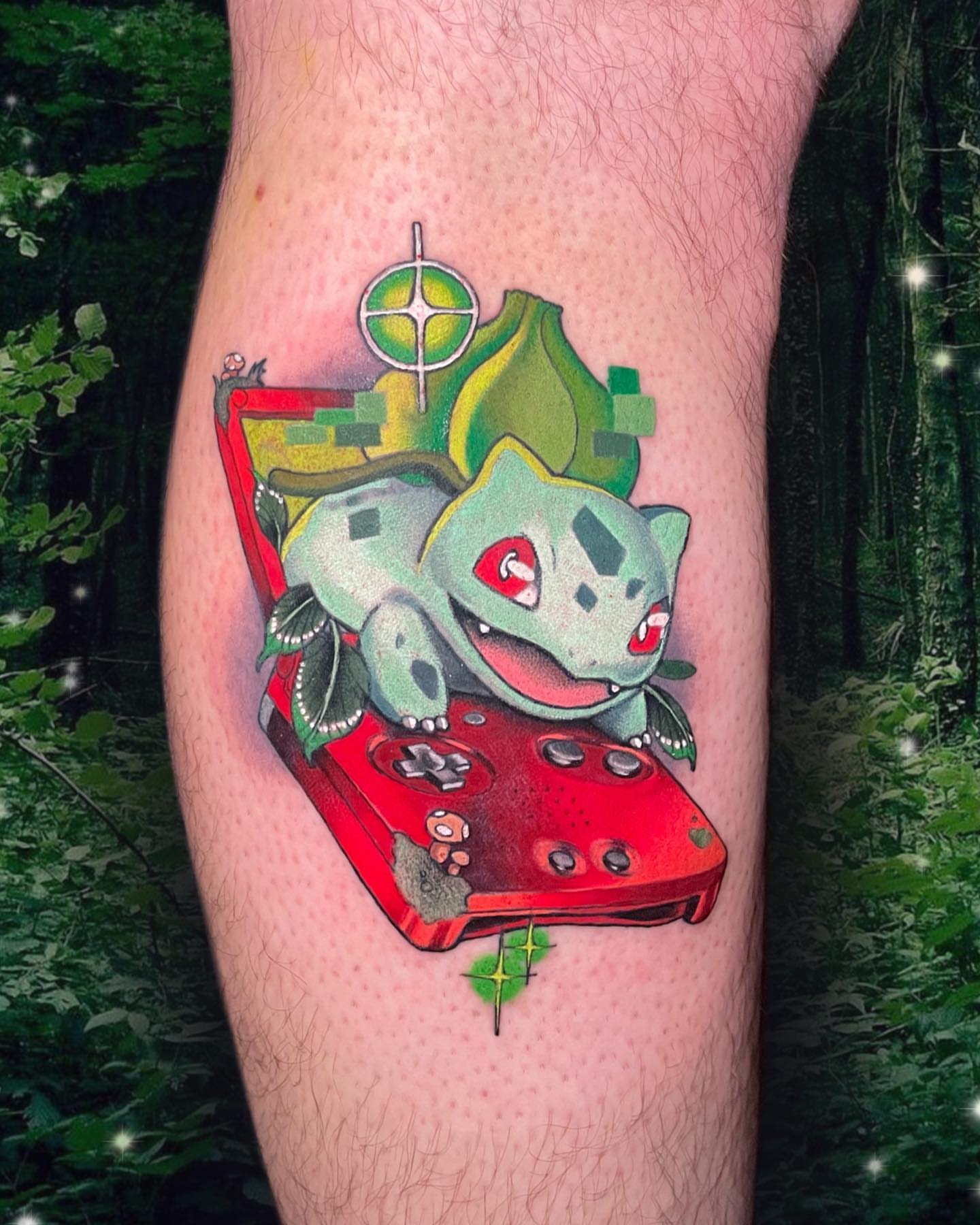 Bulbasaur dotwork tattoo on the forearm by Wendy Ruiz