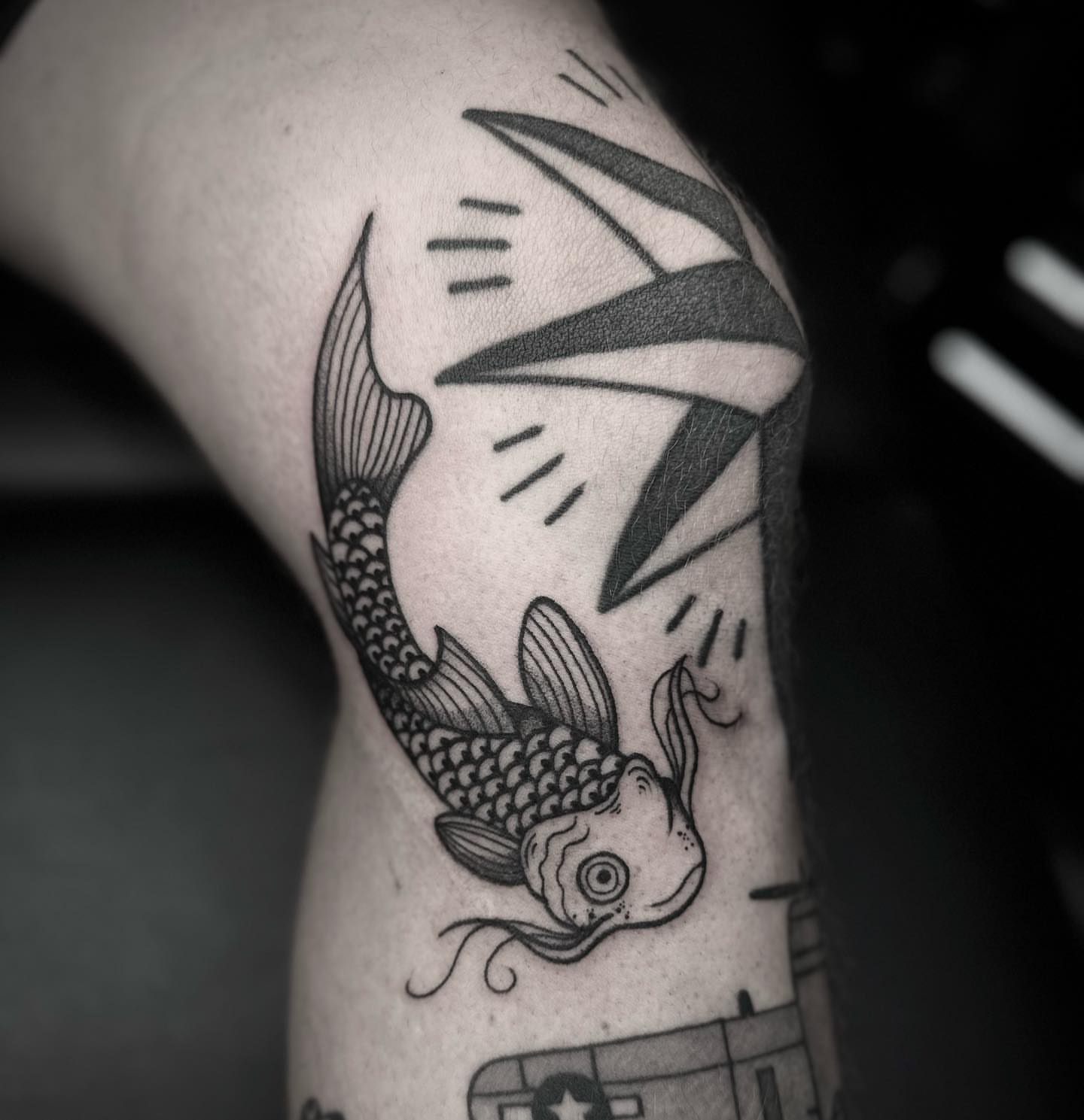 Koi fish black and grey tattoo on the forearm by t a y l o r
