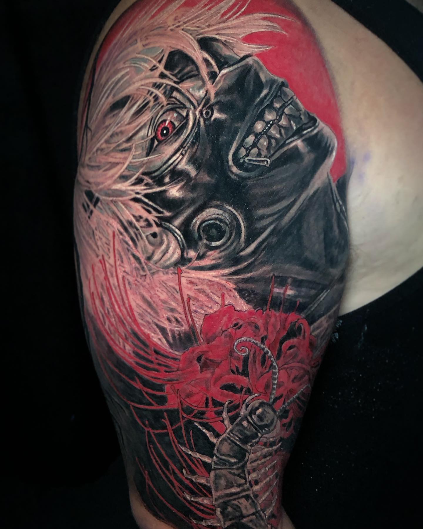 Anime character with flowers dark realism tattoo on the forearm by Maverick Mayes🕷