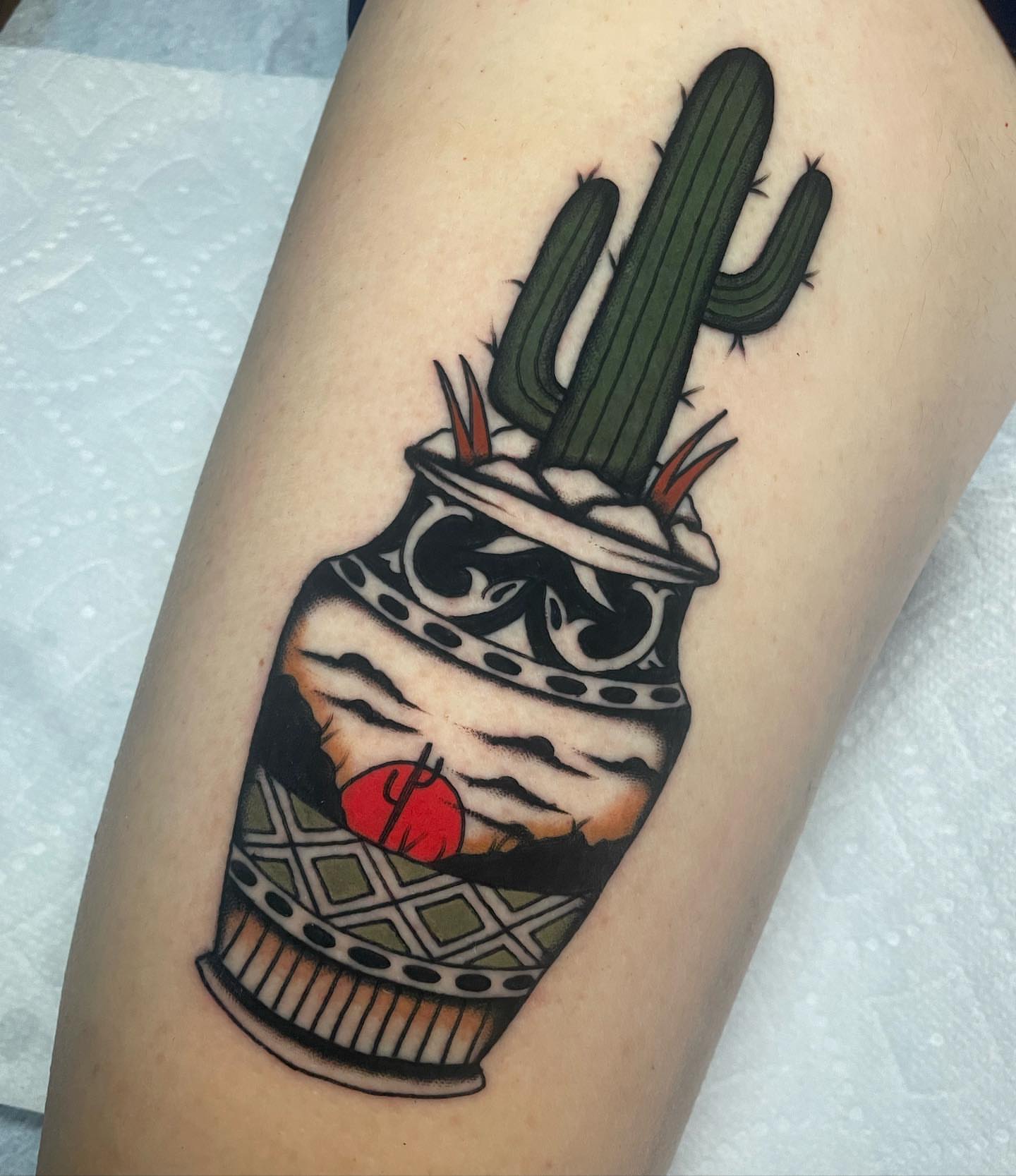 Cactus in jar American traditional tattoo on the forearm by Toulouse Noble, Portland, Oregon