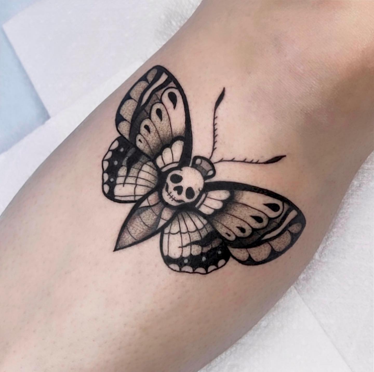 Butterfly black and grey tattoo on the forearm by 🤎Dannon 🕸