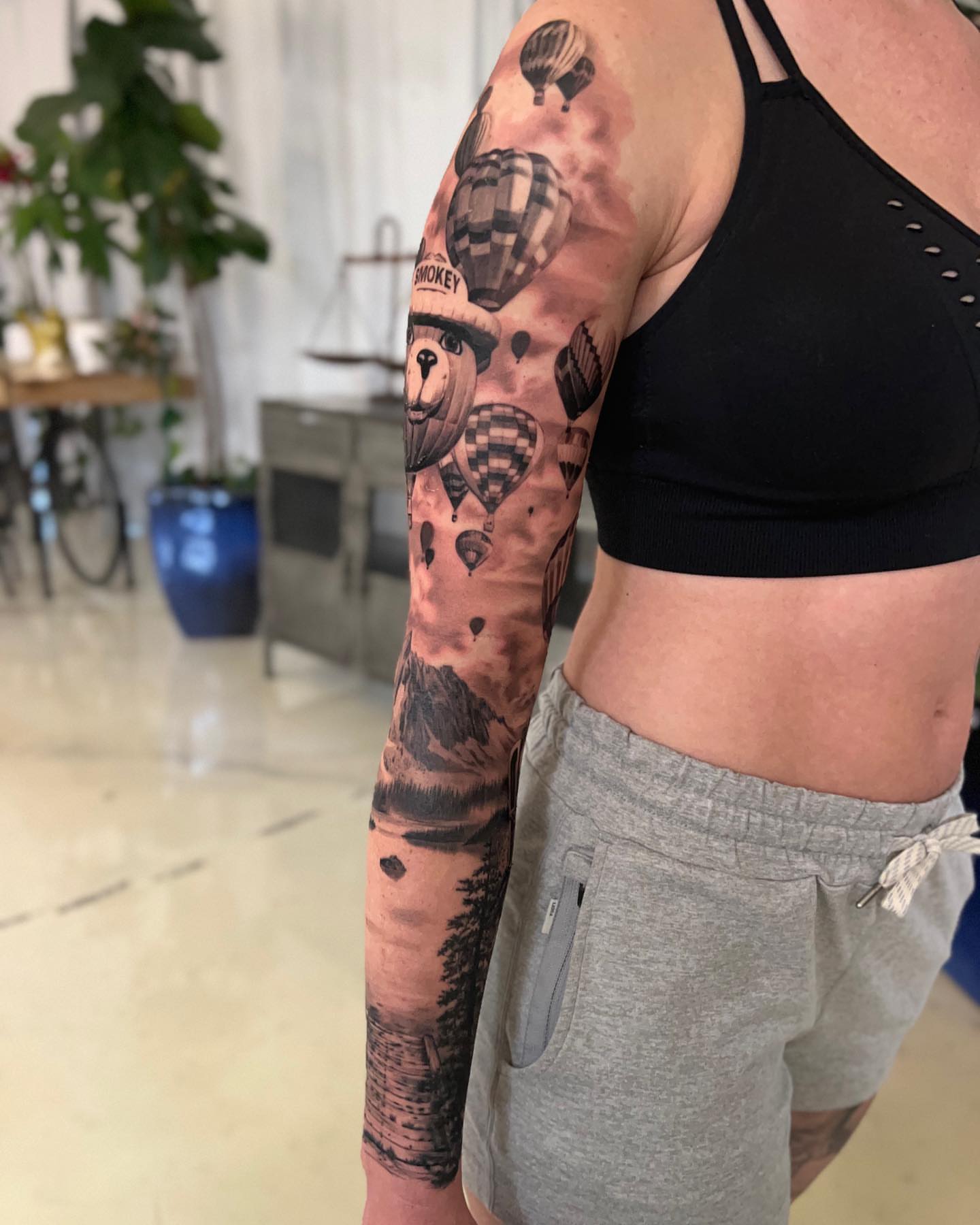 Hot air balloons black and grey tattoo on the forearm by Anthony Michaels, Tucson, Arizona
