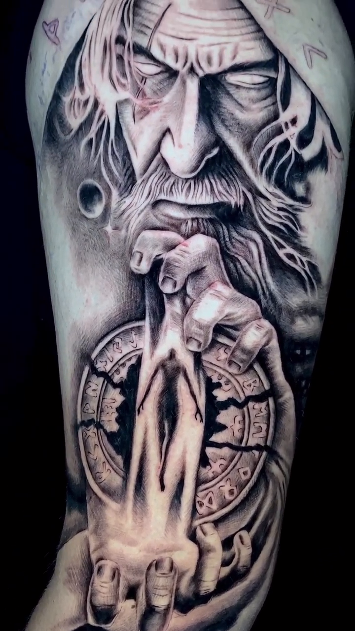 Old man holding a compass realism tattoo by Clayderman