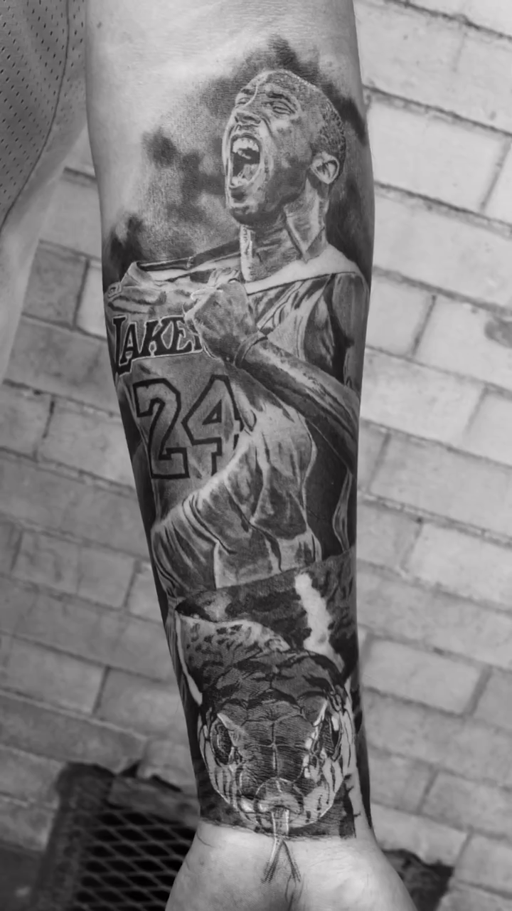 Kobe Bryant portrait realism tattoo by Carlos Macedo Tattoo