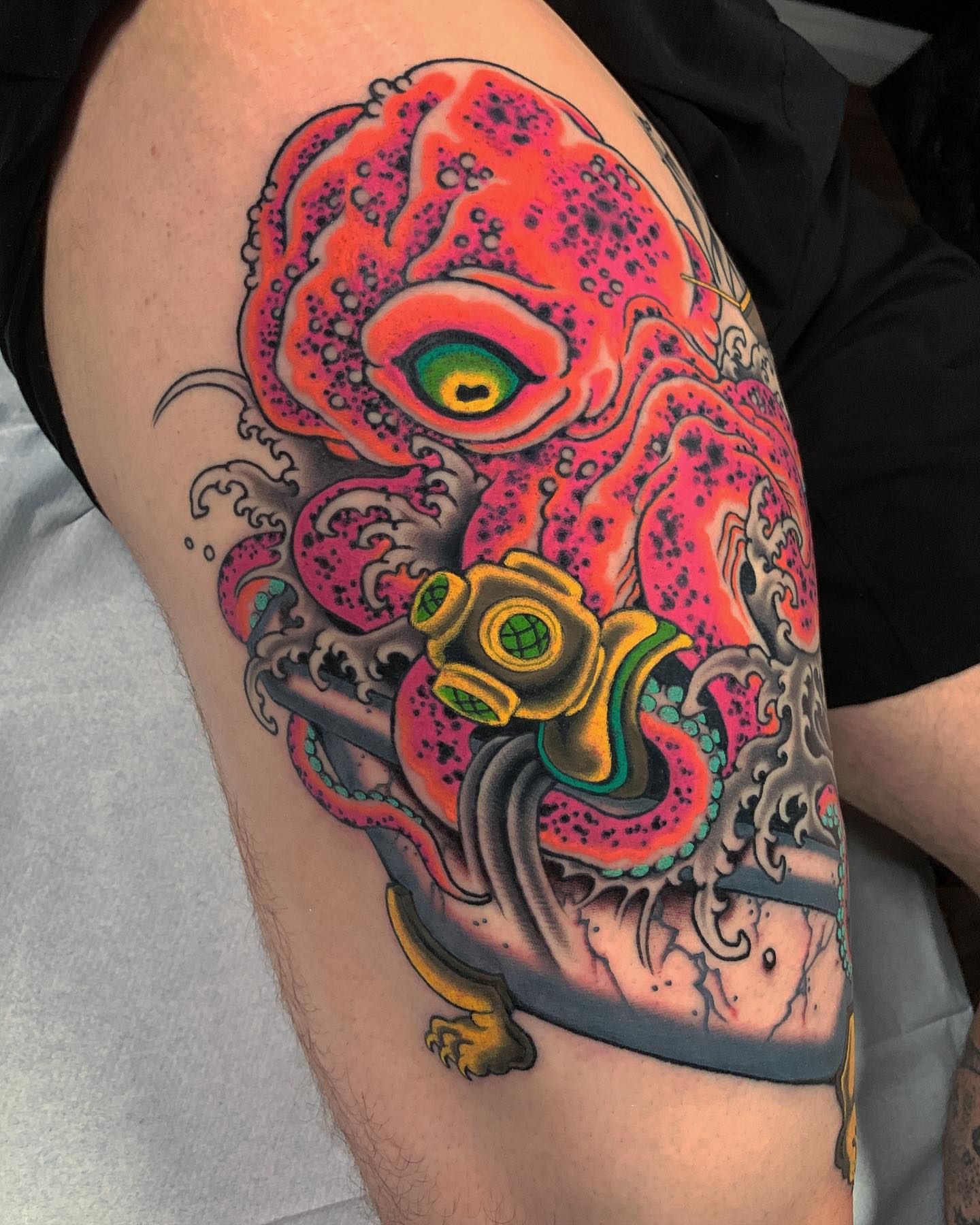 Octopus with gas mask dotwork tattoo on the thigh by Adam Mir