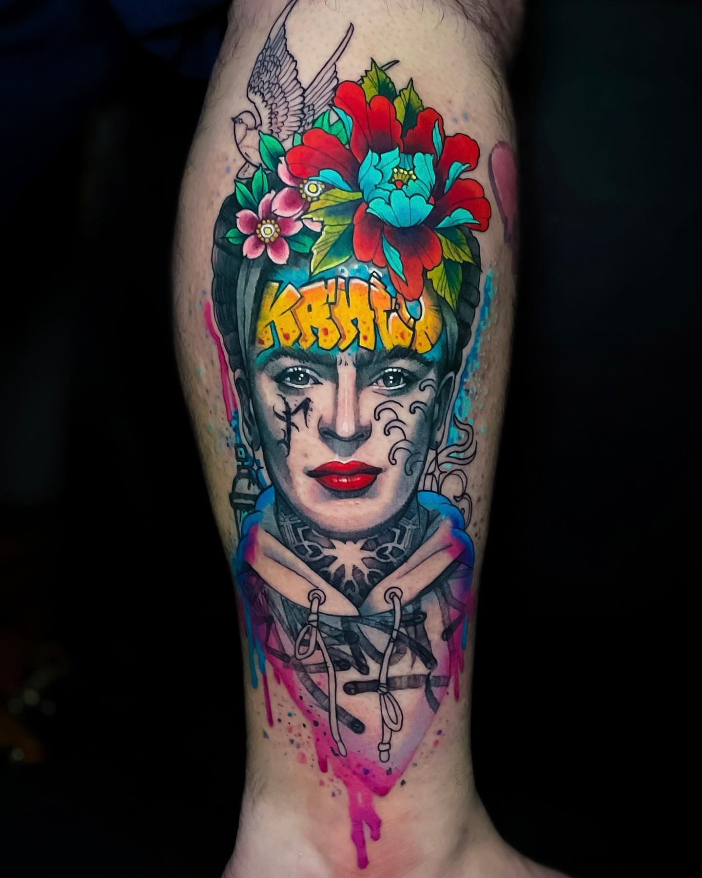 Frida Kahlo portrait new school tattoo on the forearm by Tattoo artist in Seattle, WA