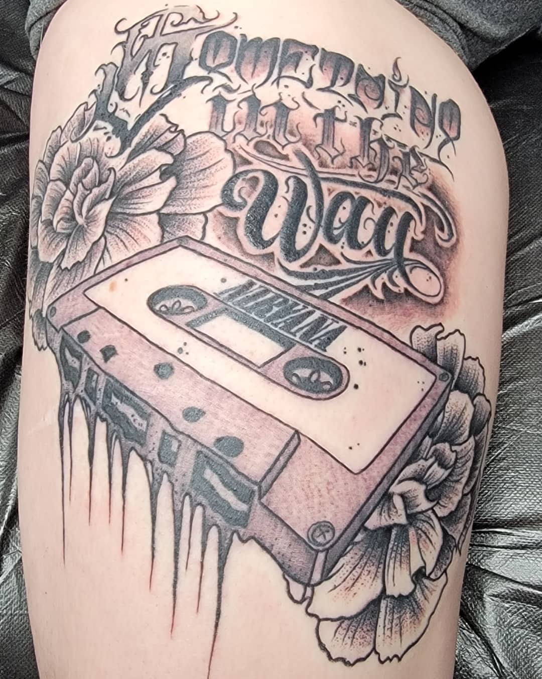 Tattoo by @bigscriptenergy — black_and_grey, dotwork